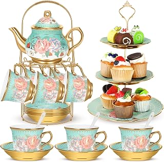 Suttmin 21-Pc Vintage Ceramic Teapot Set with 3-Tier Cupcake Stand - Floral Green Porcelain Cups, Saucers, Spoons for Tea Parties, Weddings, Farmhouse Decor