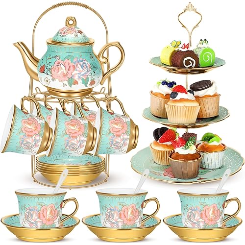 21 Pcs Porcelain Tea Set with Metal Holder and Cupcake Stand, Ceramic Tea Pot Cups Saucers Cupcake Tier Tower European Ceramic Tea Set for Adult Women Girls Tea Party Wedding(Green)