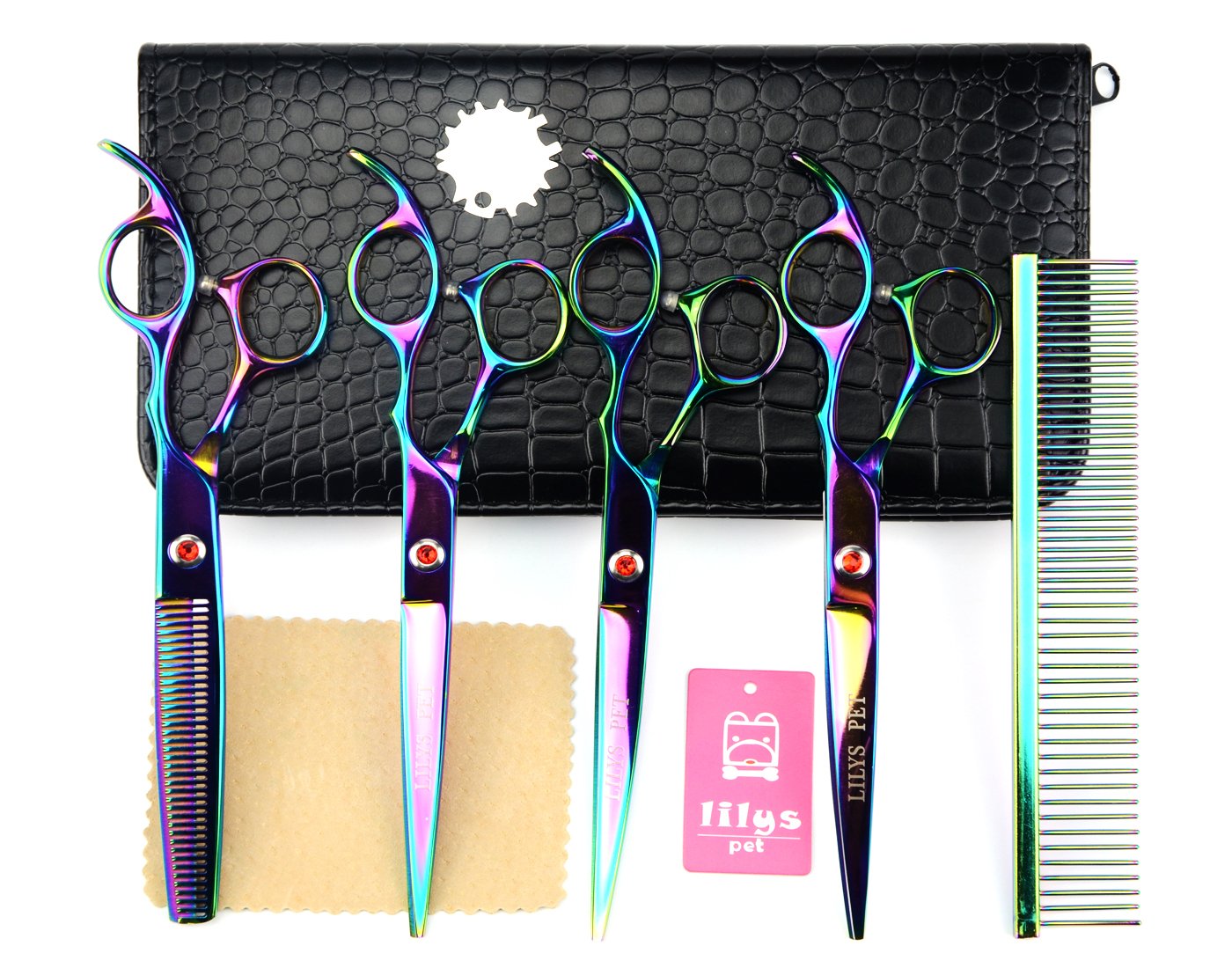 LILYS PET 7.0" Professional PET DOG CAT Coated Titanium Grooming scissors Set,Cutting&Curved&Thinning Scissors with Comb (Rainbow)