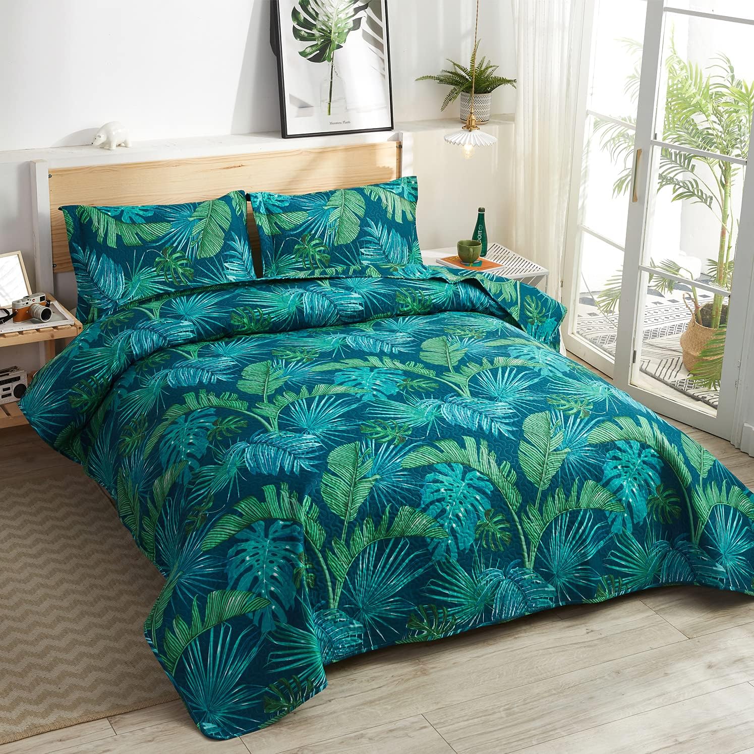 Green Palm Leaf Quilts Set Rainforest Leaves Summer Bedding Full/Queen Size,3Pcs Lightweight Tropical Bedspreads Reversible Jungle Plant Coverlet Sets Pillow Shams