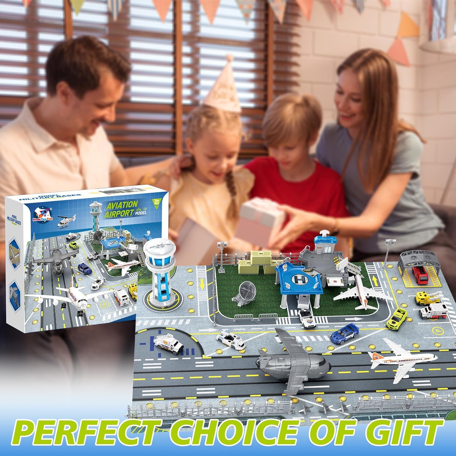 Airplane Toy Set, Boys Plane Playset with Die-cast Trucks, Helicopter, Control Tower, Parking Apron and Airport Playmat, Gifts for Toddler 3+ Years Old, Kids Presents for Birthday