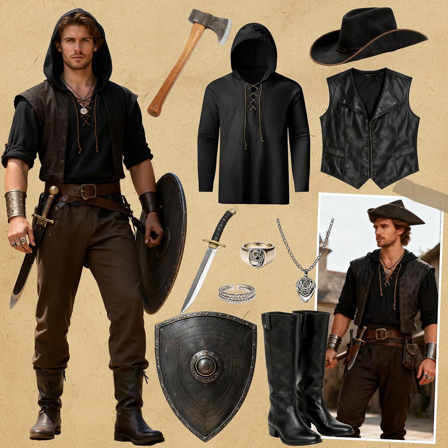 Renaissance Costume Men Pirate Viking Hooded Shirt Medieval Tunic Renaissance Ren Faire Outfit Pirate Top