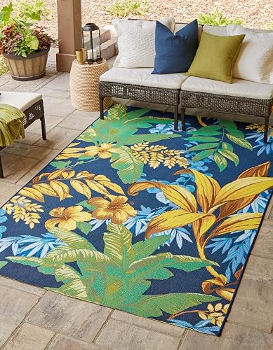 Unique Loom Outdoor Botanical Collection Area Rug - Calypso (10' Square, Multi/ Light Blue)