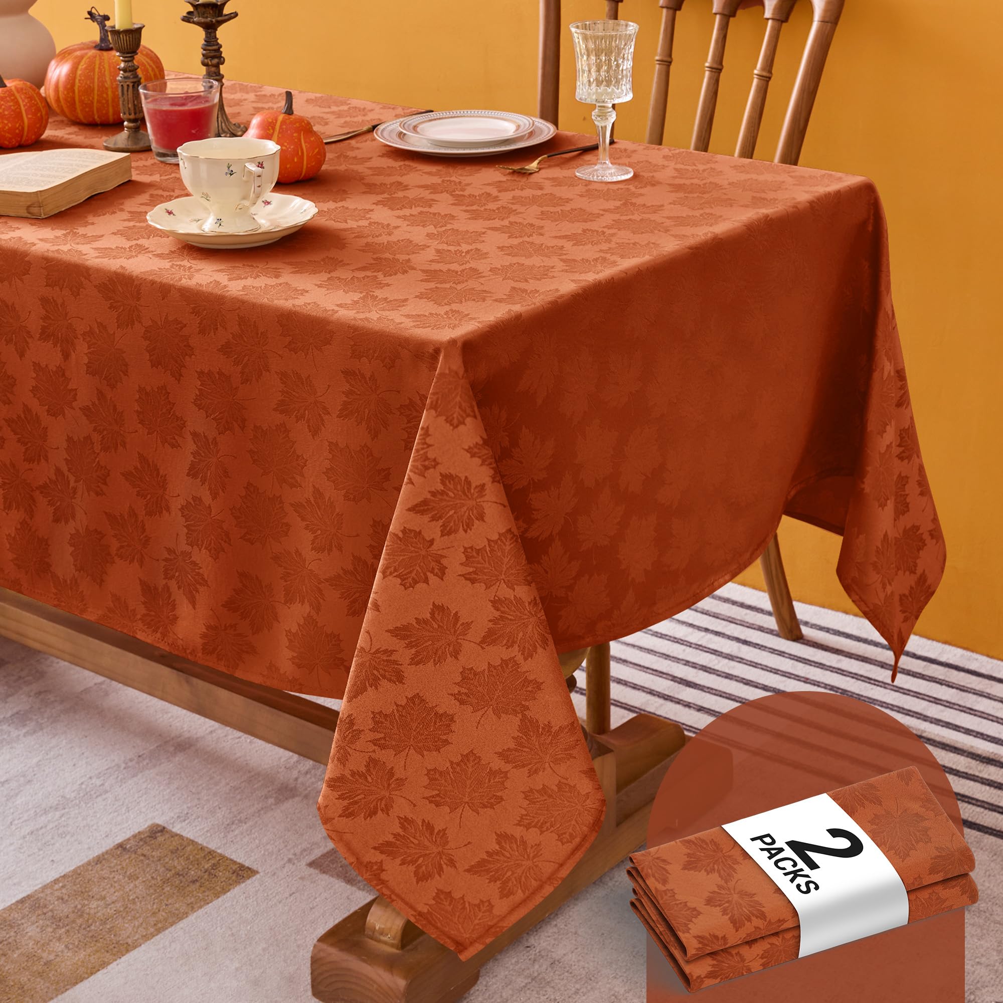 Biscaynebay 2 Packs Fall Tablecloth Rectangle Tables 60x84''-Rust Thanksgiving Autumn Harvest Gathering Jacquard Fabric Damask Table Cloths Kitchen Dinner Dining Outdoor Picnic Holiday Parties-image-8