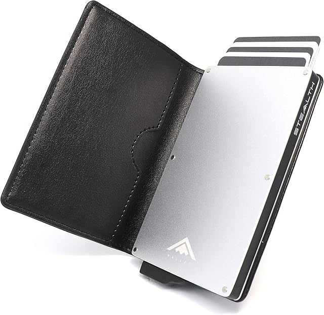STEALTH Wallet RFID Card Holders - Smart Minimalist NFC Blocking Pop Up Wallets with Gift Box - Slim Lightweight Metal Credit Cards Holder & Contactless Protector (Silver Aluminum with Black Leather)