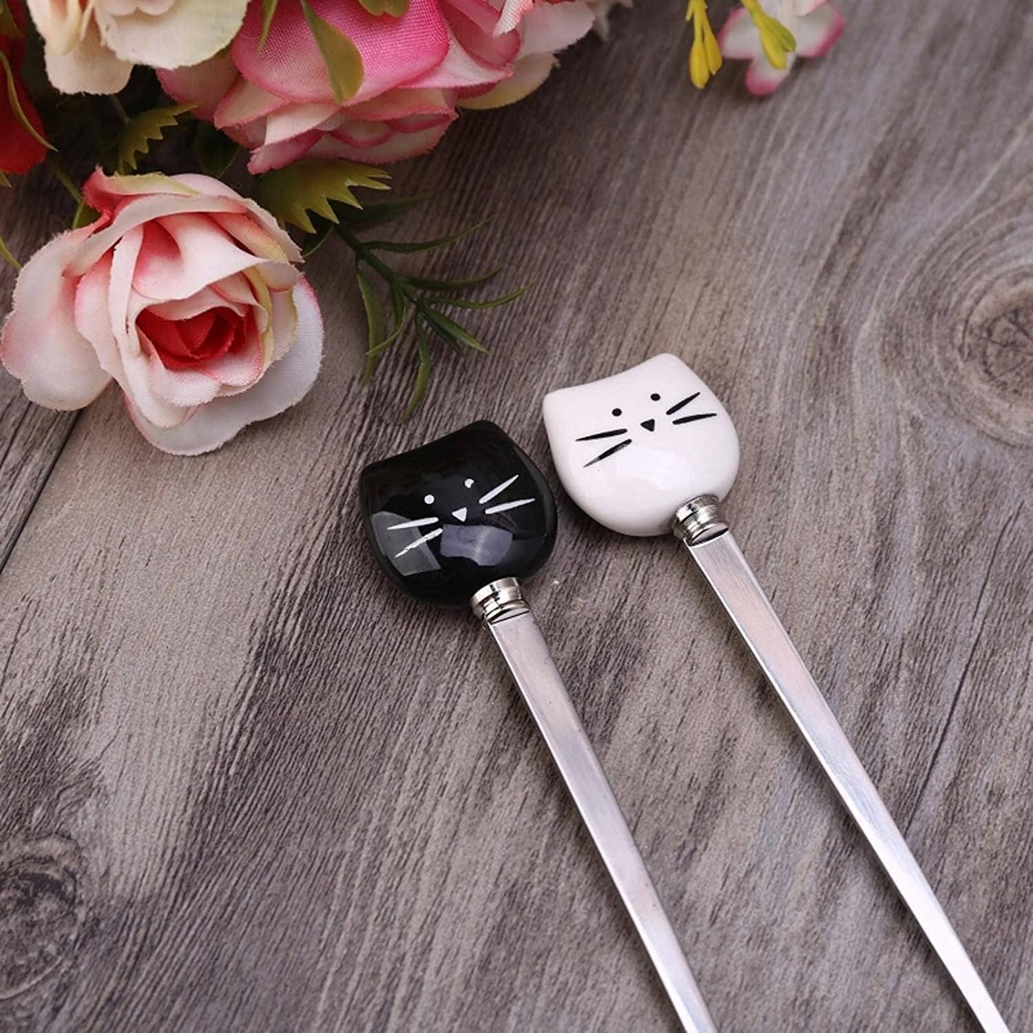 Spoon Cute Cat Coffee Spoon Stainless Steel Fruit Dessert Teaspoon Drinking Kitchen Accessories Flatware(A-Black)