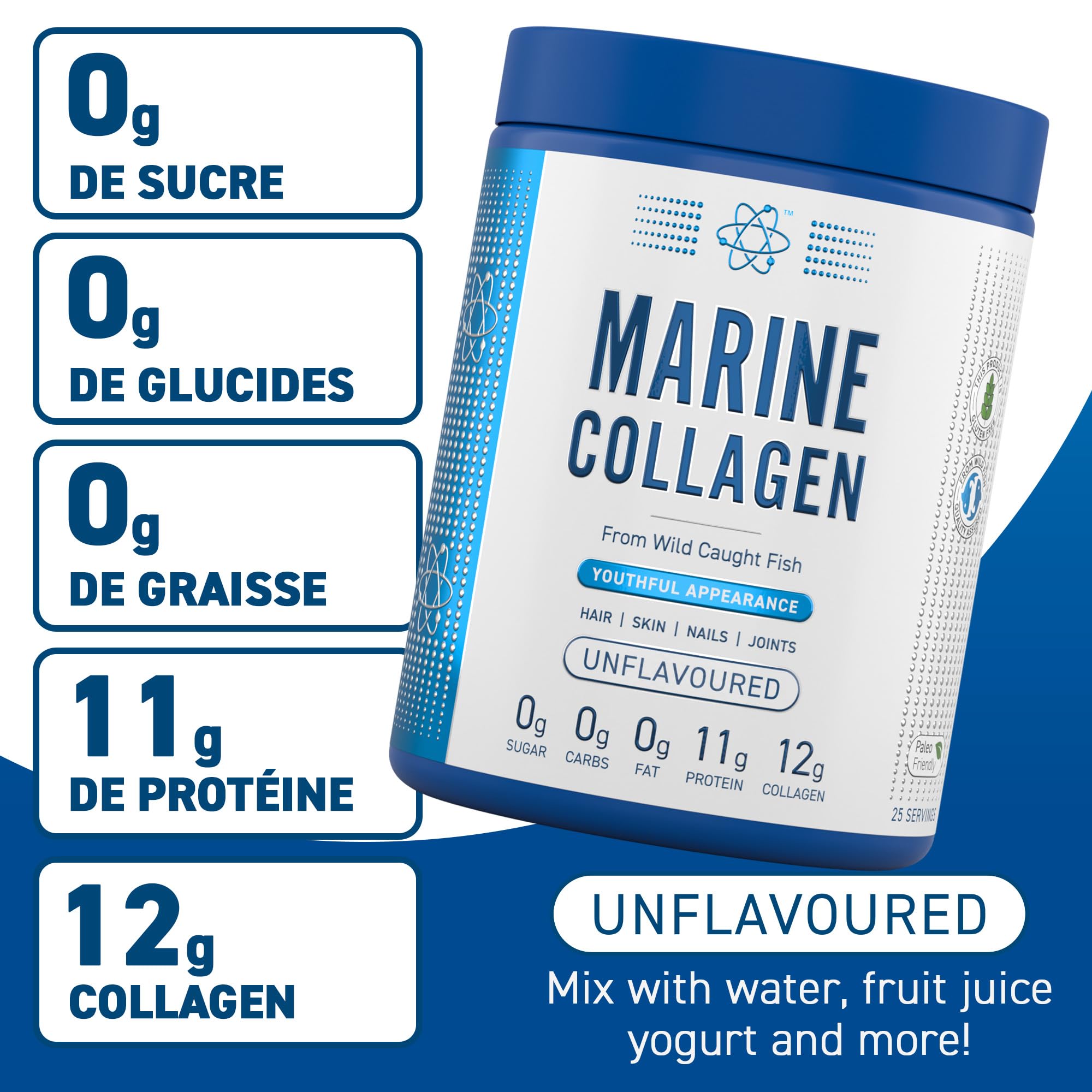 Applied Nutrition Collagène marin en poudre - Protéine de collagène hydrolysée, peau, cheveux et ongles sains (sans saveur) (300 g - 25 portions)