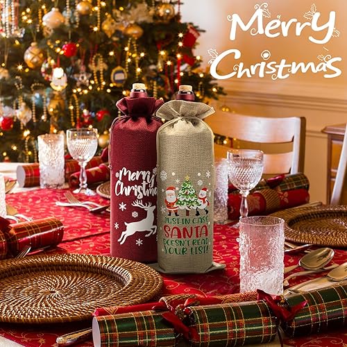 Miniatura 6 de Bolsas de vino de arpillera para regalo de Navidad, 10 bolsas para botellas de vino con cordón, etiqueta y cuerda, fundas reutilizables para