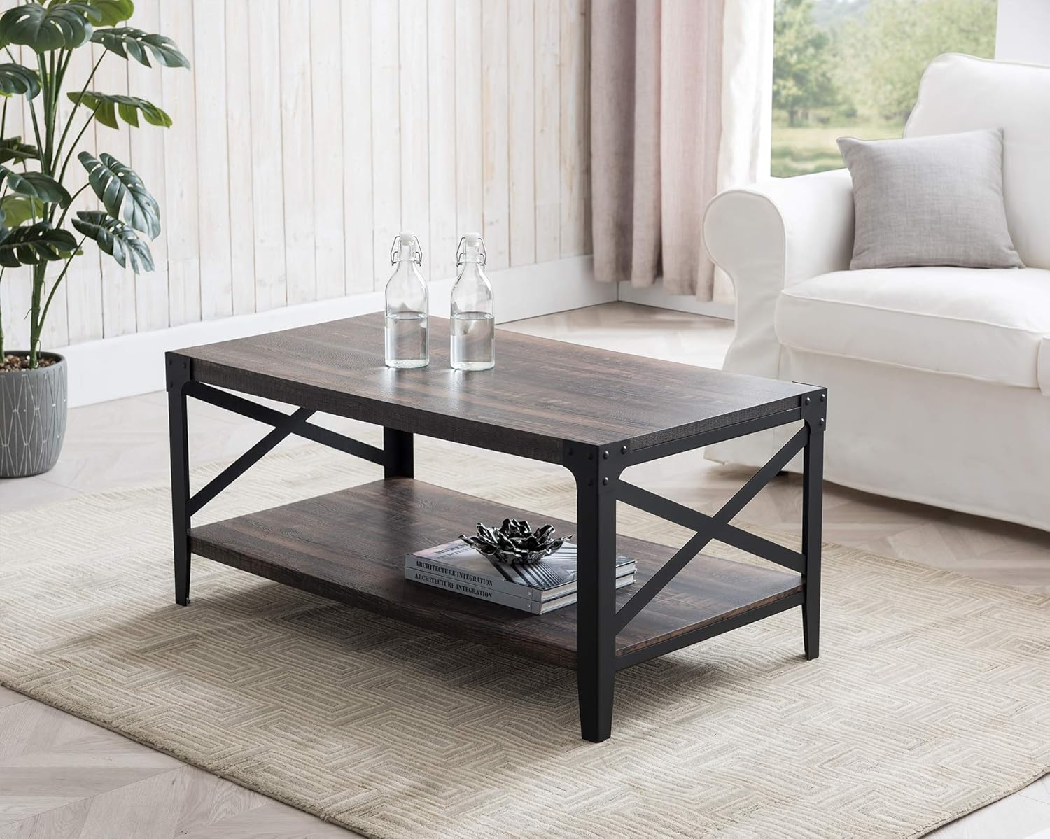 OKD Living Room Table Set of 4, Include Industrial Console Table, Coffee Table and 2 End Tables with X-Shaped Sturdy Metal Frame, Dark Rustic Oak : Everything Else