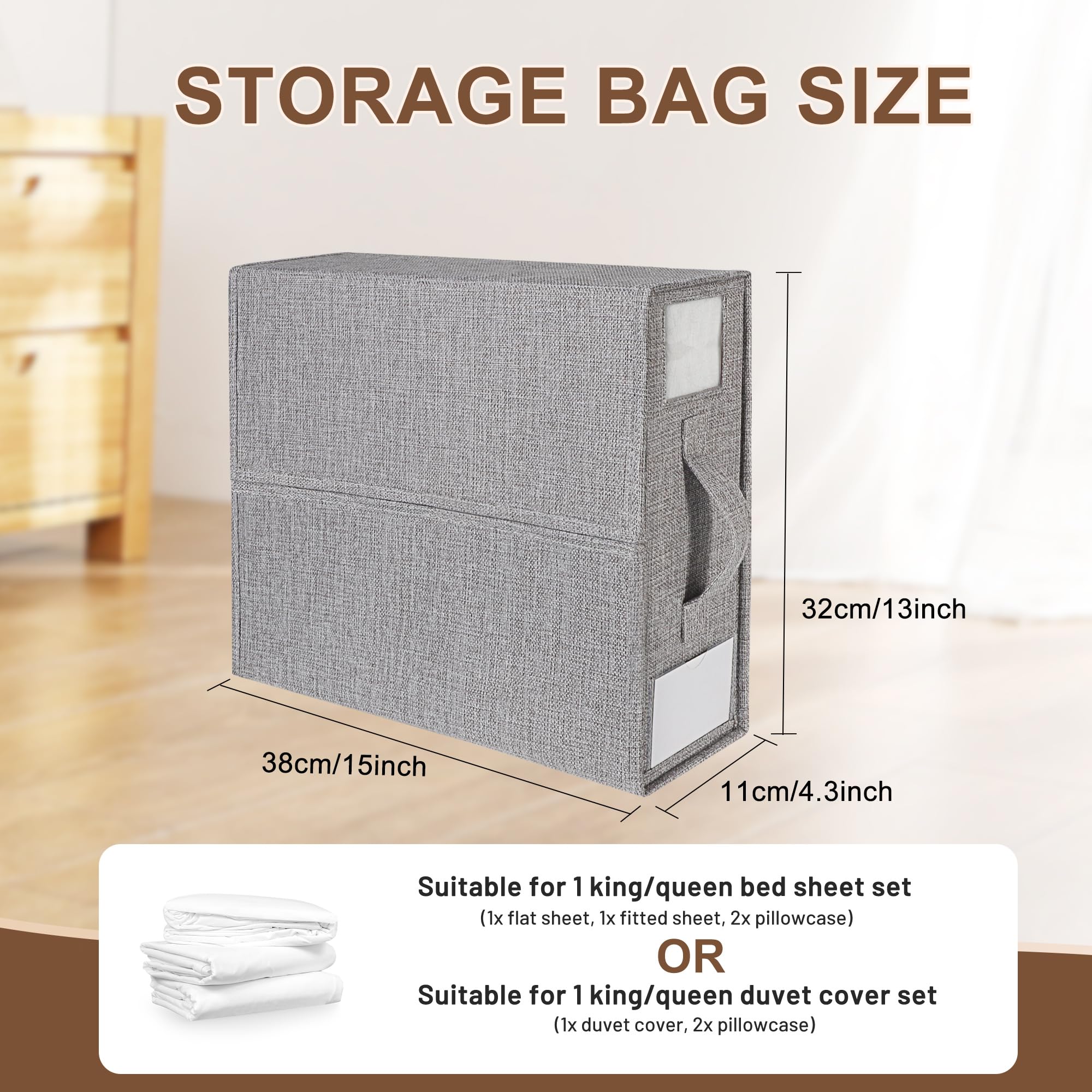 COCASES Lot De 2 Sacs De Rangement Pour Linge De Lit - Compatible Tailles Queen Et King - Pliable, Étiquettes, Fenêtre Transparente - Gris