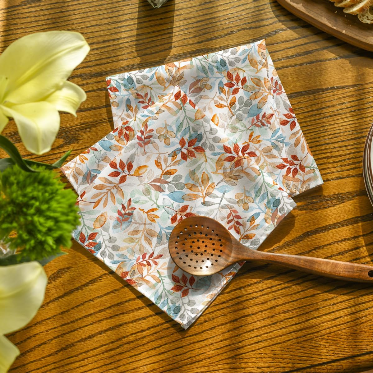 Horaldaily Fall Cloth Napkins, Orange Blue Watercolor Leaf Napkins Set of 4