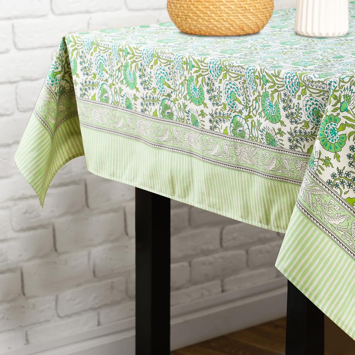 2 Pcs 60'' x 60'' Agate Green Tablecloth Handmade Indian Block Print Floral Cotton Tablecloth Dust Proof Square Table Cover for Kitchen Dining Wedding Party Holiday Buffet Farmhouse