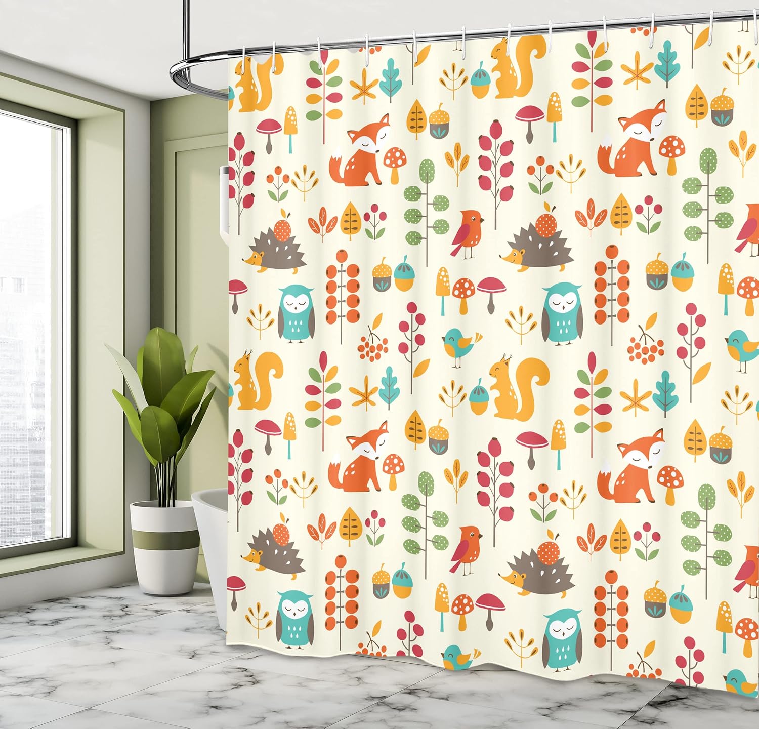 Ambesonne Cartoon Shower Curtain, Autumn Pattern Owl Fox Squirrel Birds Animal Leaves Print, Cloth Fabric Bathroom Decor Set with Hooks, 69" W x 75" L, Cream Multicolor