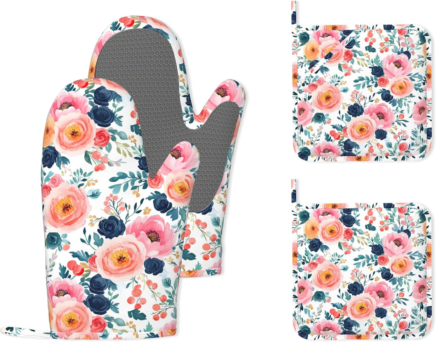 Pink Flowers Heat-Resistant Silicone Oven Mitts and Pot Holders,Long Oven Gloves with Non-Slip Grip for Cooking, Baking, Grilling,BBQ