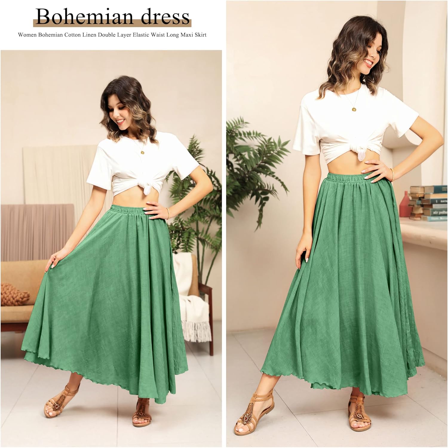 Ezcosplay Women Bohemian Beach A-Line Dress Double Layer Elastic Waist Long Maxi Skirt