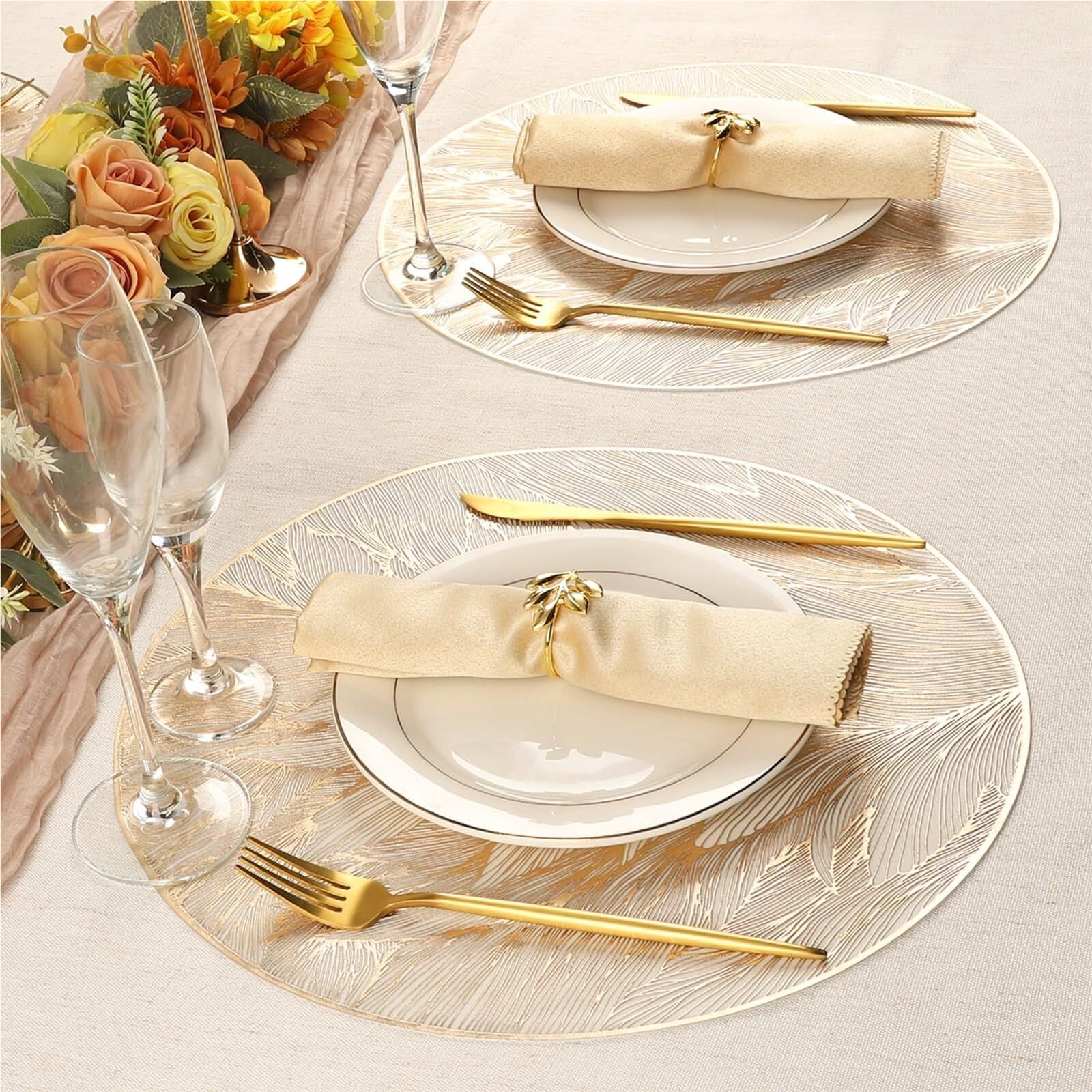 Manteles Individuales Redondos, manteles de Mesa Dorados Lavables prensados ​​con Plumas, Lugar Hoja Comedor for decoración for Fiesta Boda y Vacaciones(6PCS)