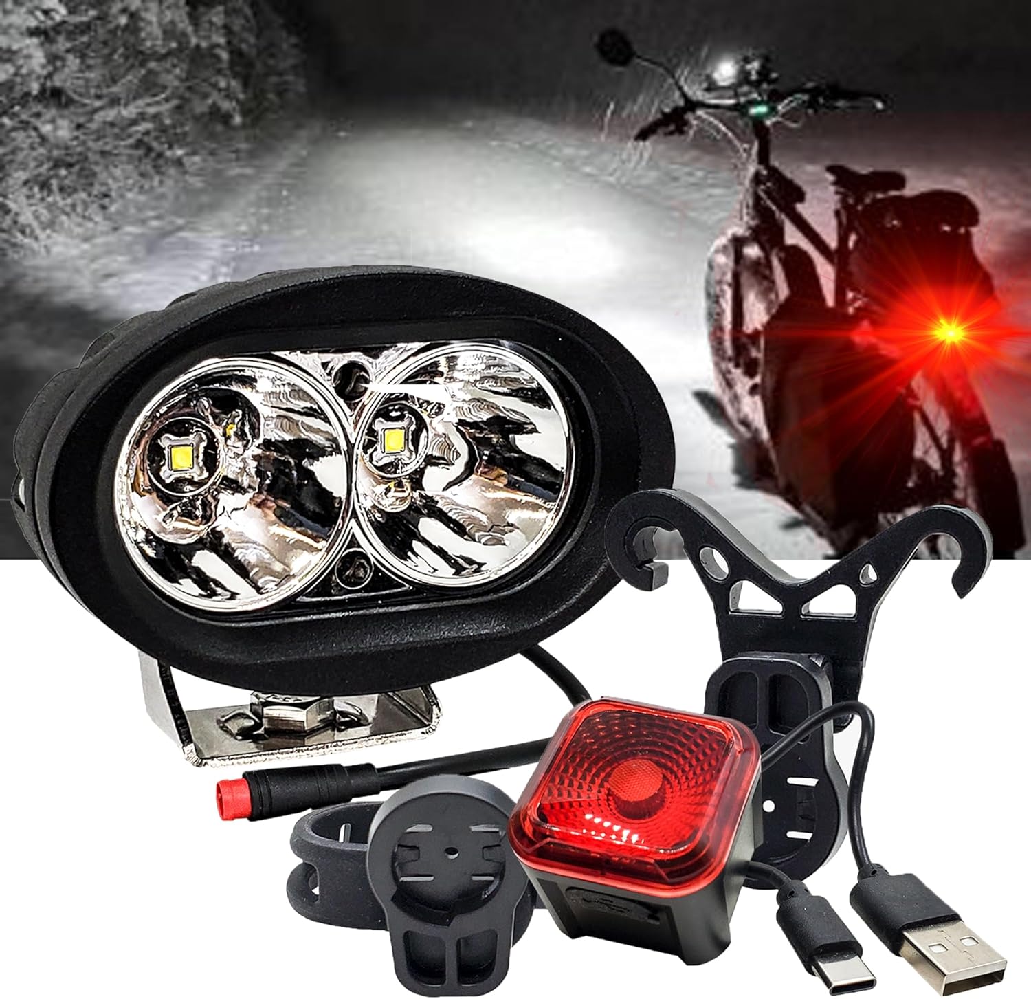 OZ-USA E-Bike High-Output White LED Headlight & USB Rechargeable 4-Mode Smart Sensor Brake Light 12V - 60V Compatible with Vamoose Mammoth Rad Power Bikes RadMini RadRover RadExpand RadRunner