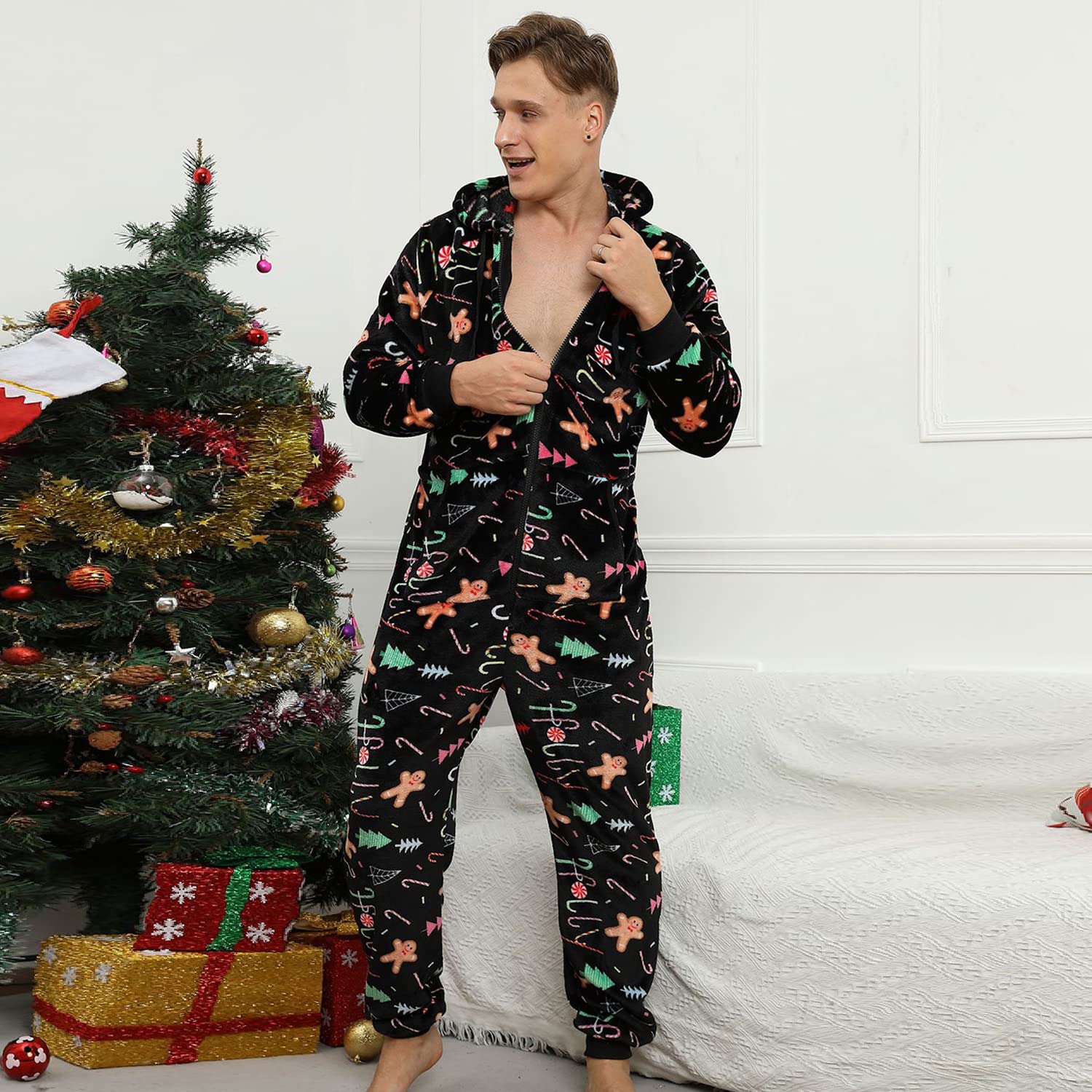 Pijama Navidad Pareja con Capucha Cálido Franela Polar Cremallera Una Pieza Otoño Invierno Primavera Adulto Ropa Mono Pijamas Entero con Bolsillos