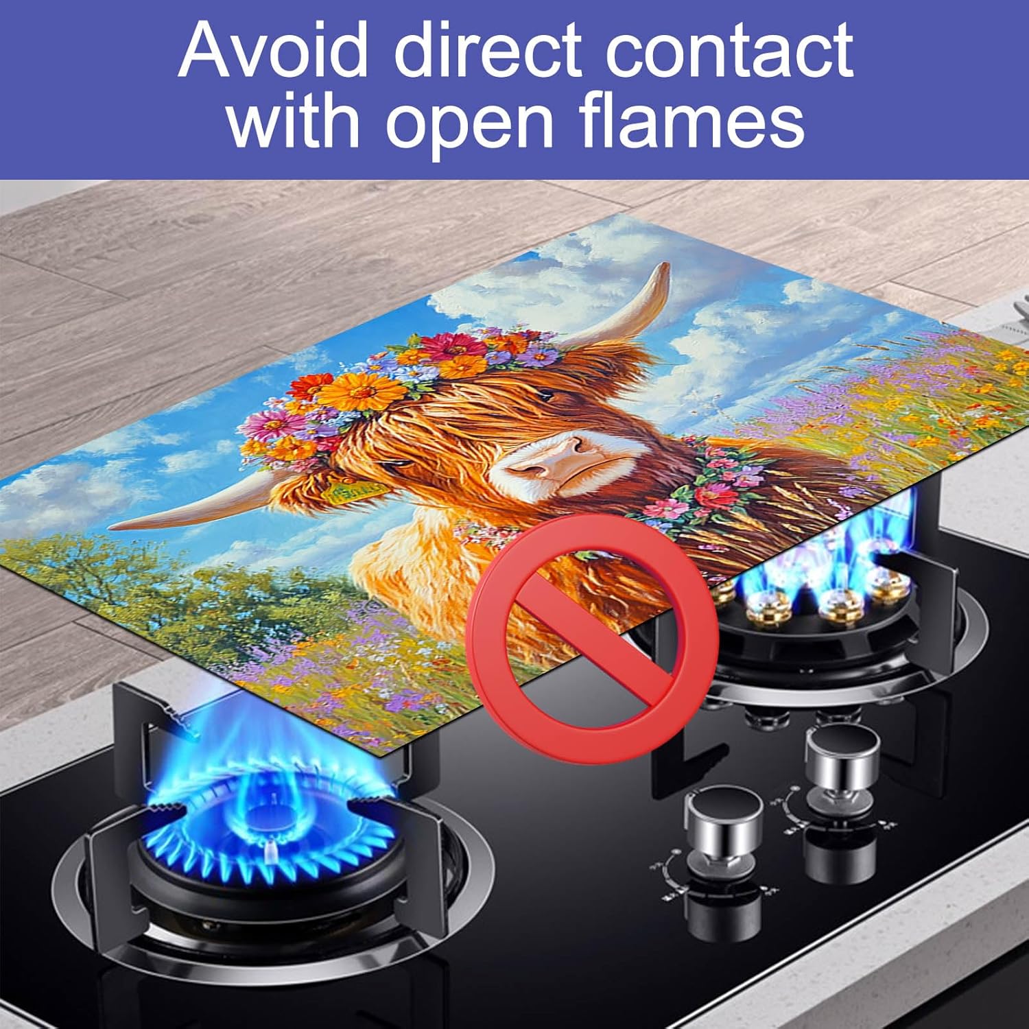 HOMETITUTE Highland Cow Stove Top Cover for Electric 28x20 Inch Diatomite Kitchen Decor Glass Cooktop Protector Heat Resistant Countertop Mat with Floral Crown Pastoral Field Design