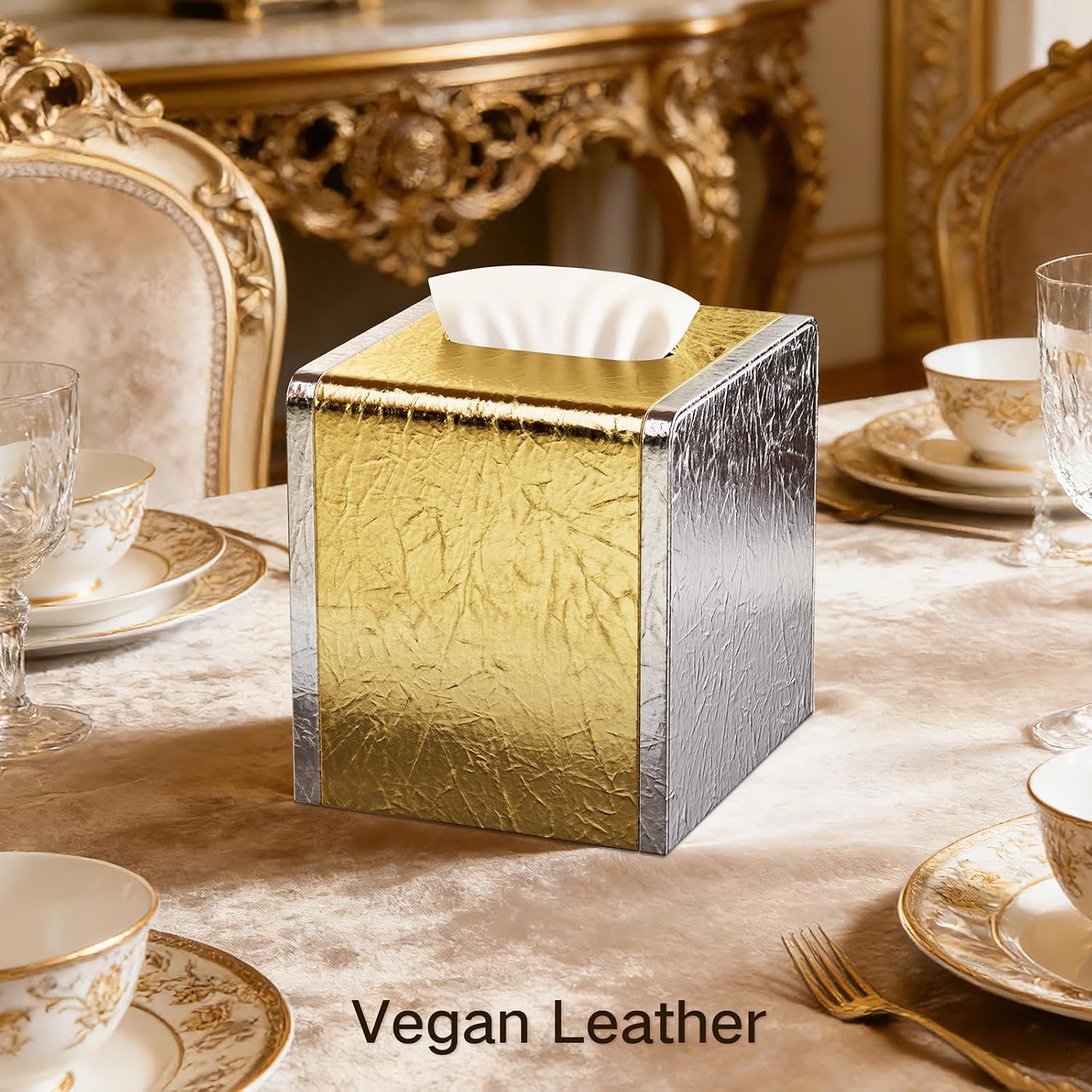 Silver Tissue Box Cover,Square Leather Tissue Box Cover with Magnetic Closure,Tissue Vessel for Bathroom Toilet Bedroom Living Room Table Desk Office,Modern Home Decor image 3