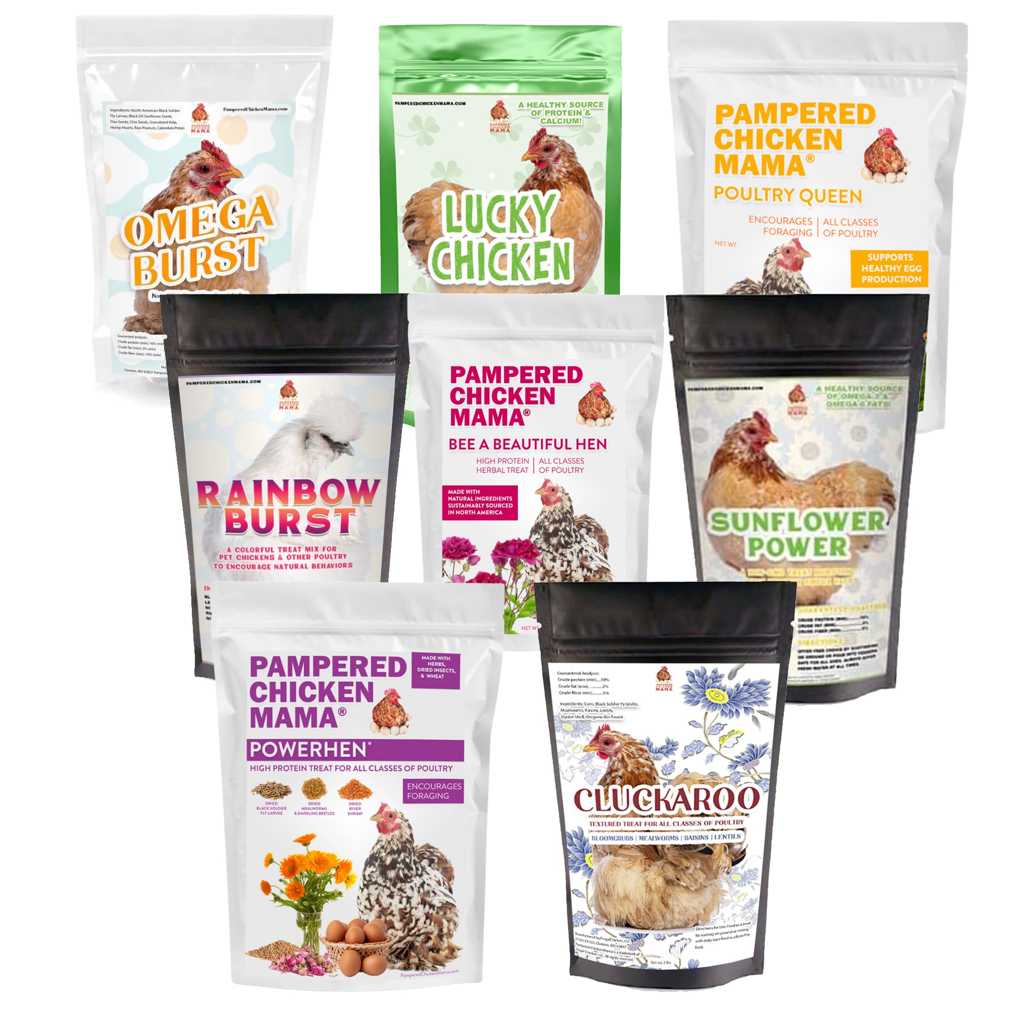 Pampered Chicken Mama Chicken Treat for Hens 8 Pounds Sampler Bundle: 8 Different Treats in One Box! - Grubs, Dried Mealworms, Cracked Corn, Oyster Shell, & Duck Feed