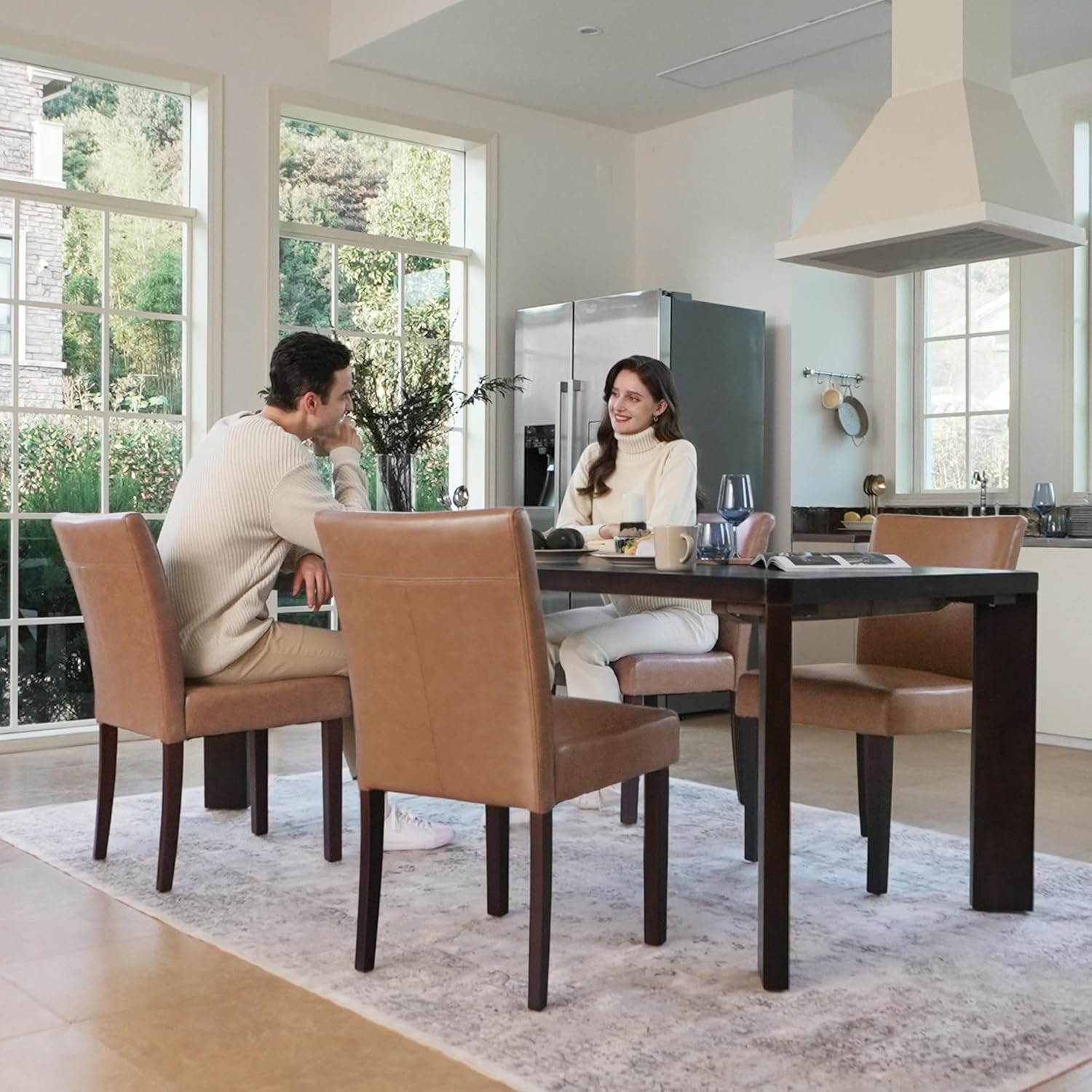 Watson & Whitely Upholstered Kitchen & Dining Room Chairs with Low Back, Faux Leather Armless Dining Chairs with Solid Wood Legs, Set of 2, Saddle Brown