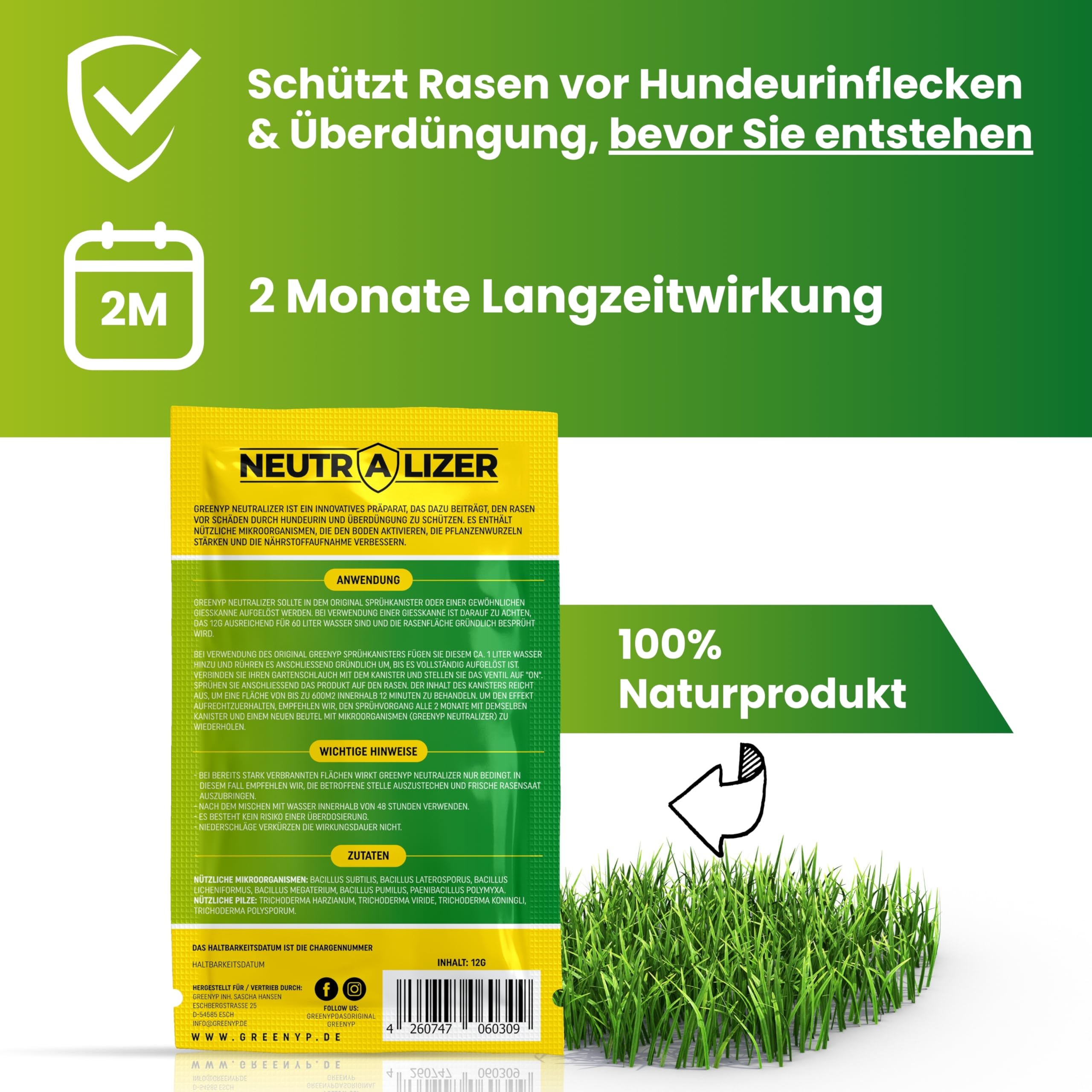 Greenyp Neutralizer - Protegge il prato dalle macchie di urina di cane I Neutralizza l'urina grazie a microrganismi efficaci I 100% attivo organico per il terreno del prato I Tanica con 2x 12g per