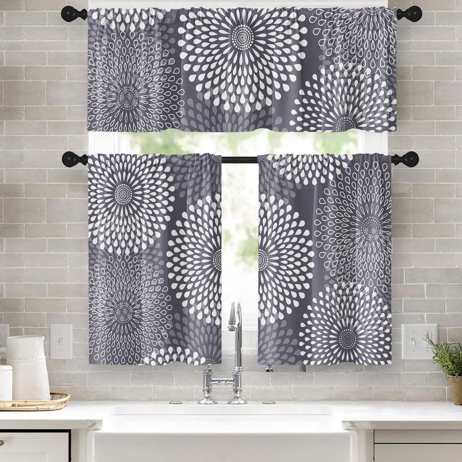 White Abstract Geometric Kitchen Curtains Set - Valance & Tier Panels For Small Windows, 52x18 & 26x36 Inches, Rod Pocket