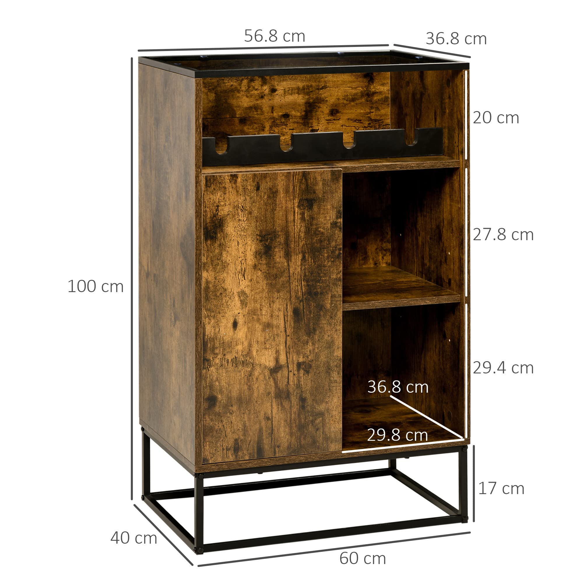 HOMCOM Mobile Multiuso da Salotto con Portabottiglie, Vani Aperti e Armadietto, Mobiletto Porta Vini Stile Industriale, 60x40x100cm, Marrone