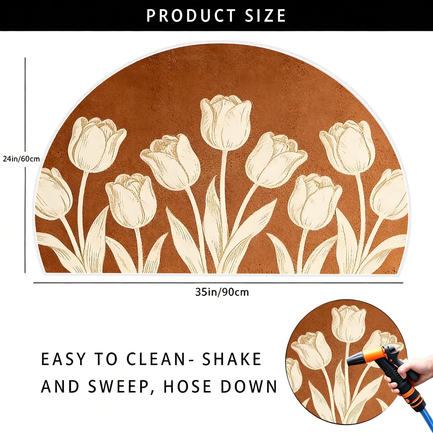 Floral Entryway Doormat, 2x3 ft, semi-Circular, Machine Washable, Vintage Tulip Pattern, semi-Circular Doormat, Low-Pile, Non-Slip, Stain-Resistant, Suitable for Kitchens, entryways, and bathrooms