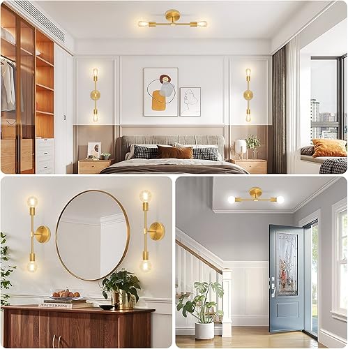 Miniatura 6 de Paquete de 2 lámparas de tocador de baño, 2 lámparas doradas de pared, moderna lámpara de pared de mediados de siglo, latón cepillado, iluminación