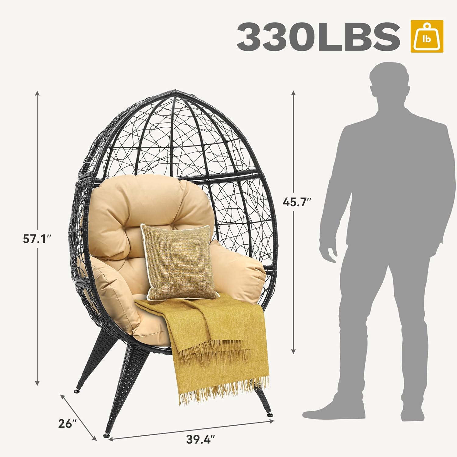 DWVO Egg Chair Patio Rattan Chair with Stand Anti-Slip All-Weather Poratble Adjustable Chair Feet Wicker Egg Lounger Chair for Indoor Outdoor 330LBS (Beige)