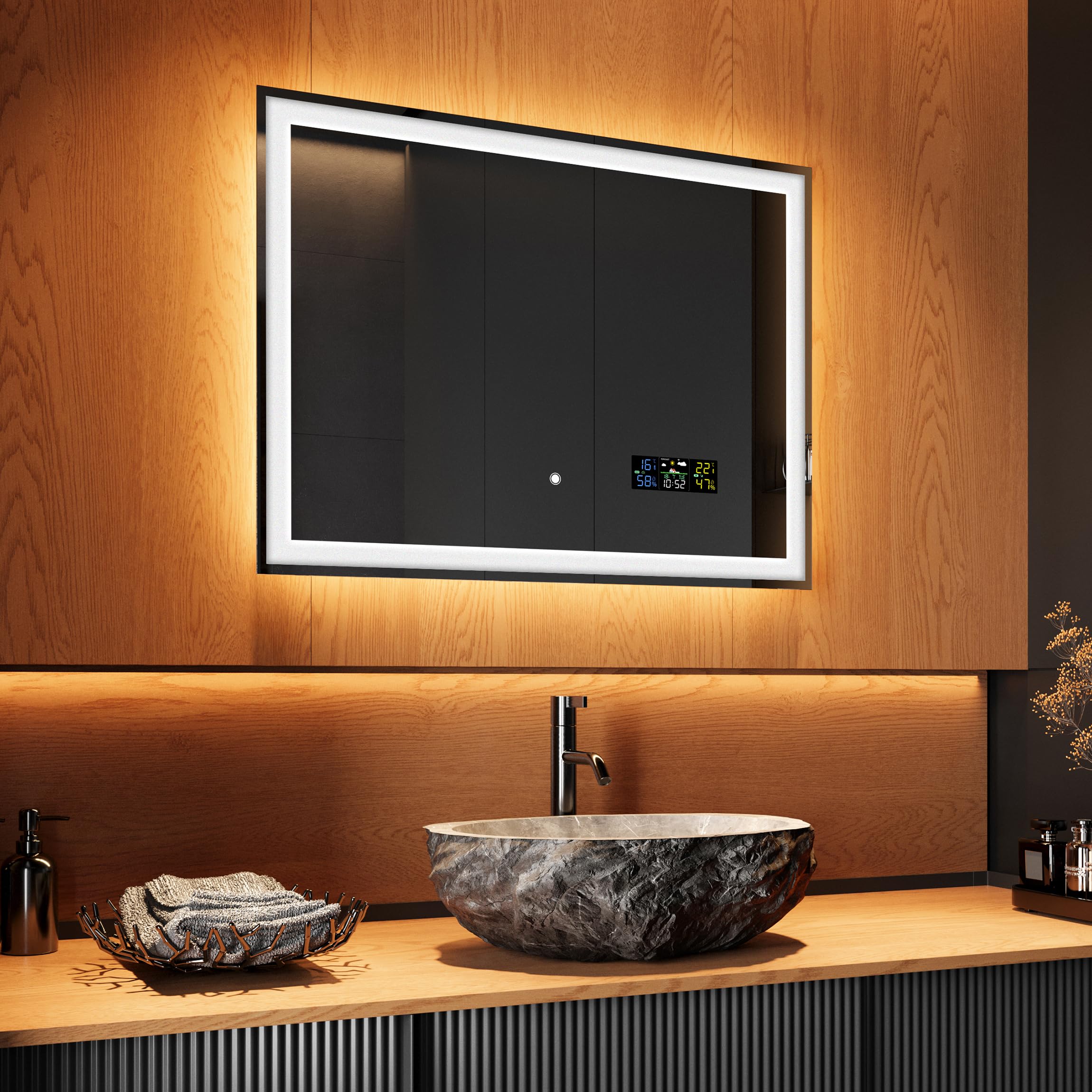 Miroir De Salle De Bain LED Avec Station Météo - Design Moderne, Couleur Argenté - Sur Mesure - Neuf
