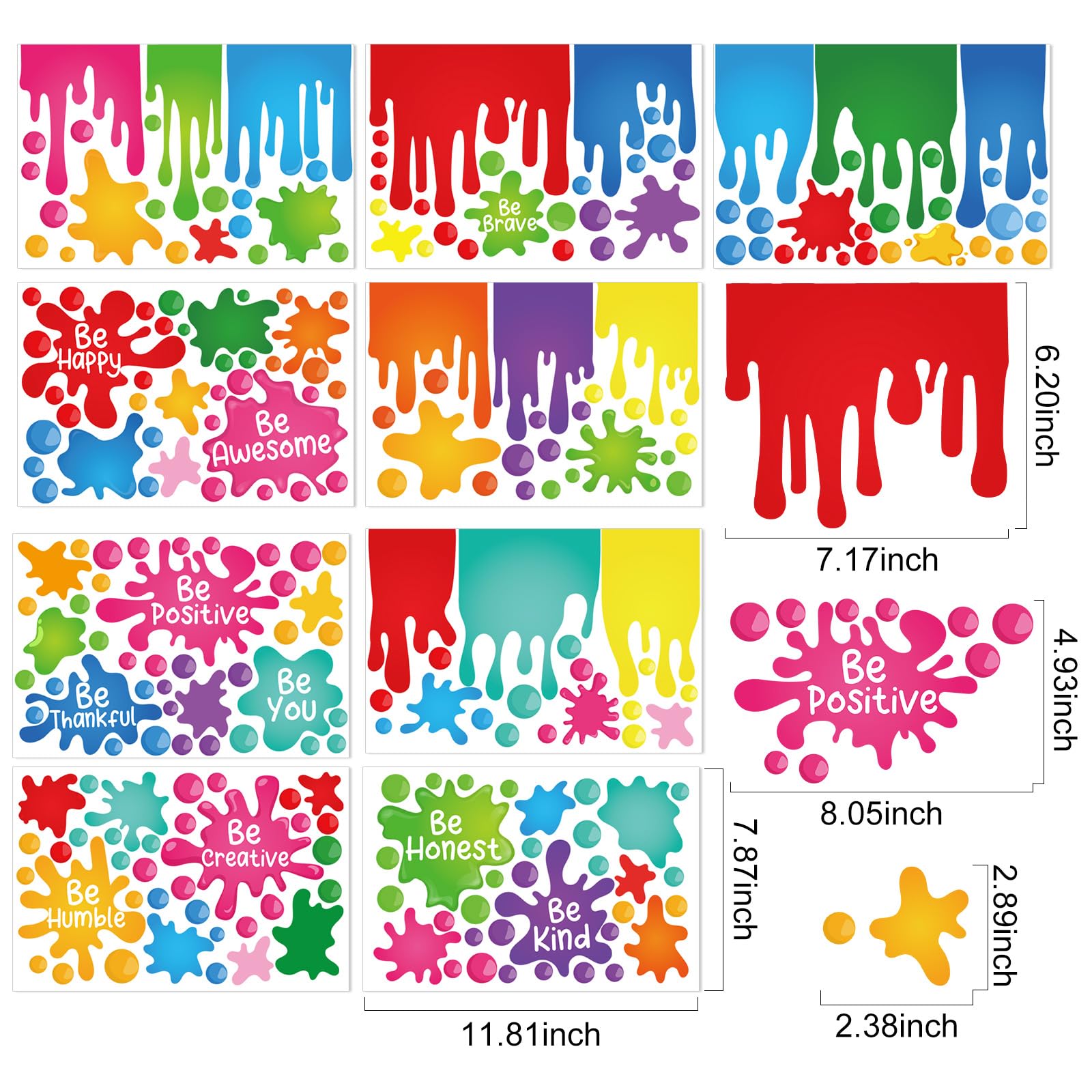 Cinrobiye 9 Sheets Inspirational Quotes Window Clings Stickers Colorful Ink Splatter Splotches Dots Window Decals for School Classroom Playroom Home Wall Glass Blackboard Party Supplies Decorations