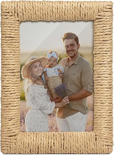 Miniatura 10 de takfot Marcos de fotos boho de 5 x 7 pulgadas, decoración de ratán bohemio, estilo rústico, marco de fotos de madera tallada para montaje en pared o