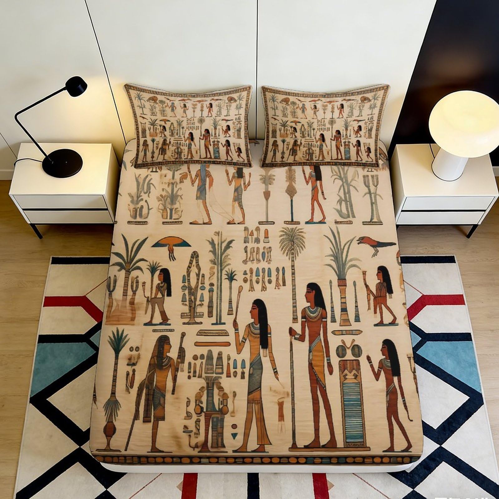 3D Printed Egyptian Hieroglyph Fitted Sheet Microfiber Soft Breathable Ancient Egypt Mattress Cover for Bedroom Dorm Decor 120x200cm 200x200x25cm