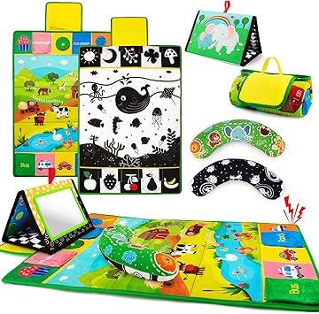 Tummy Time Mirror & Play Mat & Pillow 3-in-1 ، ألعاب الأطفال بالأبيض والأسود عالية التباين ، حصيرة النشاط للتعليم المبكر, طقم لعبة وقت الأطفال حديثي الولادة للأطفال الرضع 0 3 6 12 شهر تجعيد / سكوير   