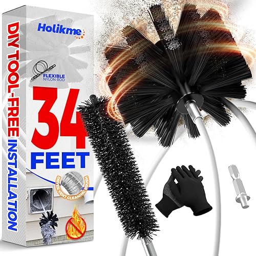 Holikme 34 Feet Dryer Vent Cleaner Kit, Flexible Lint Brush with Drill Attachment, Fireplace Chimney Brushes for Easy Cleaning, Use with or Without