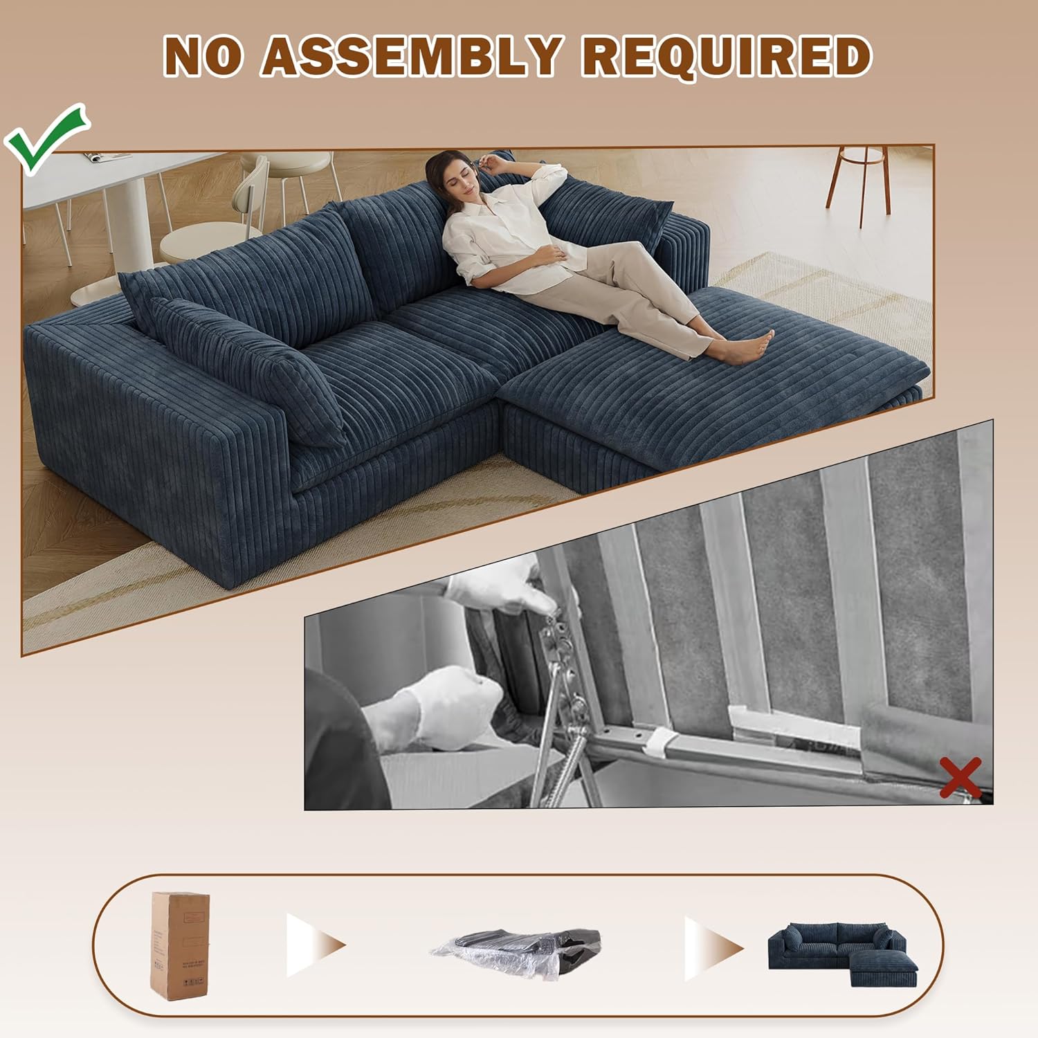 78.8" W Loveseat Couch with Removable Cushion, Soft Corduroy Upholstery, Boneless Cloud Sectional Sofa with Ottoman, Compression Sofa in a Box, DIY Combination for Small Space(Blue) | Deep Seat, Fluffy, Breathable material, No Assembly Required