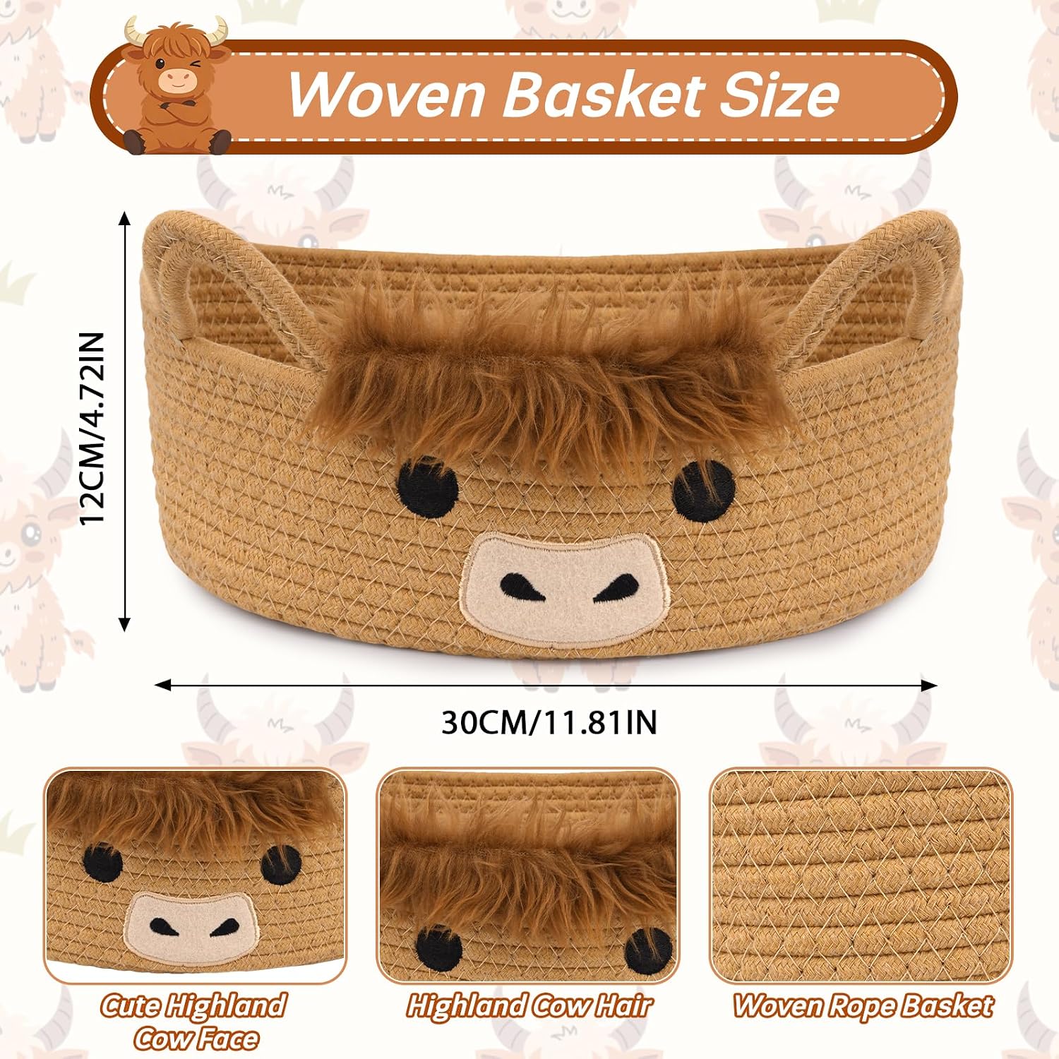 3 Pcs Oval Highland Cute Cow Basket for Nursery, Small Woven Rope Gift Basket, Soft Cotton Decorative Storage for Gifts Empty, Baby Shower Blanket 0rganizer Shelves Towel Bins, 12" D x 5" H