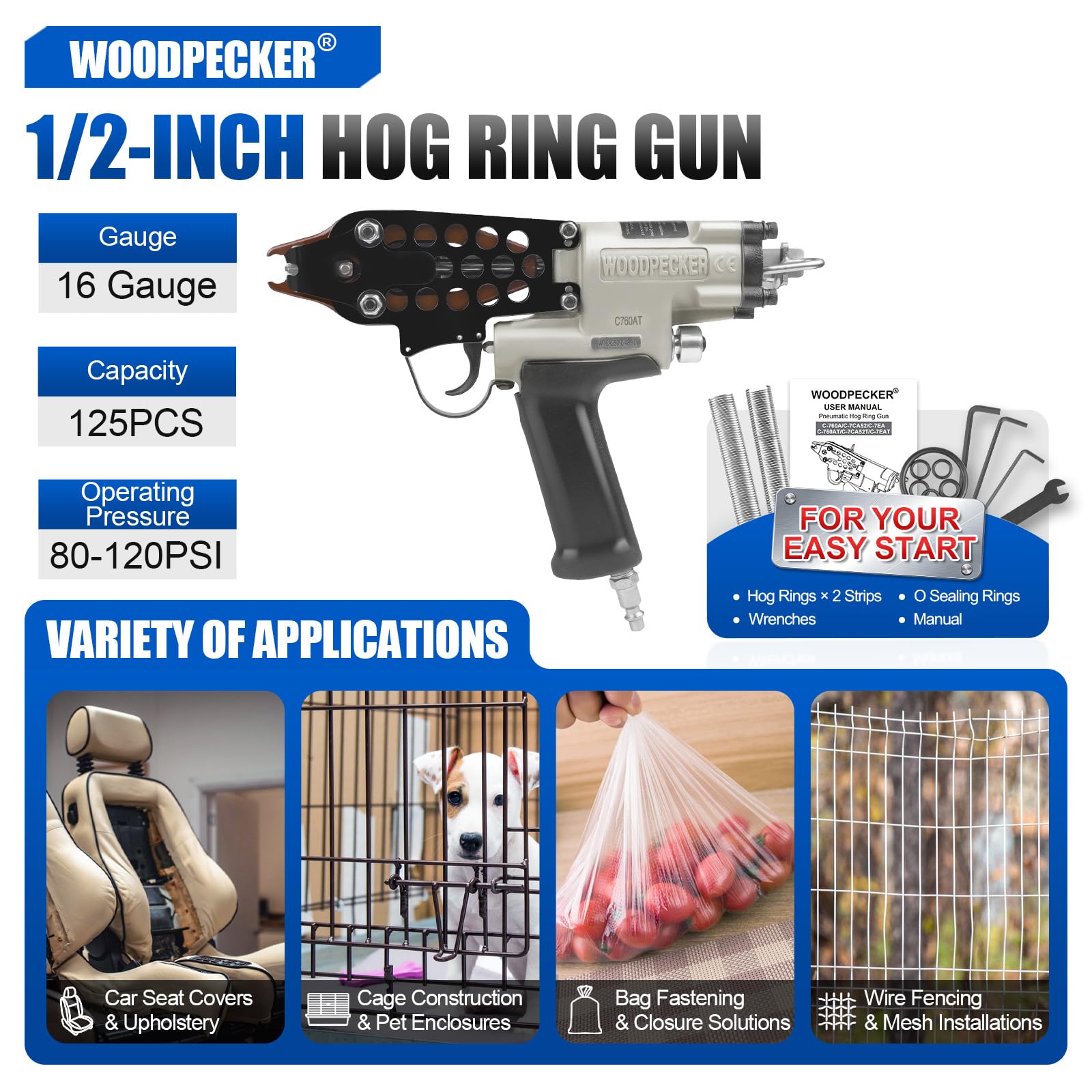 WOODPECKER C-760A Pistola pneumatica ad anello con ghiera, diametro di chiusura da 3,0 mm a 4,0 mm, graffe ad anello con corona da 1/2 pollice, pistola pneumatica ad anello con ghiera