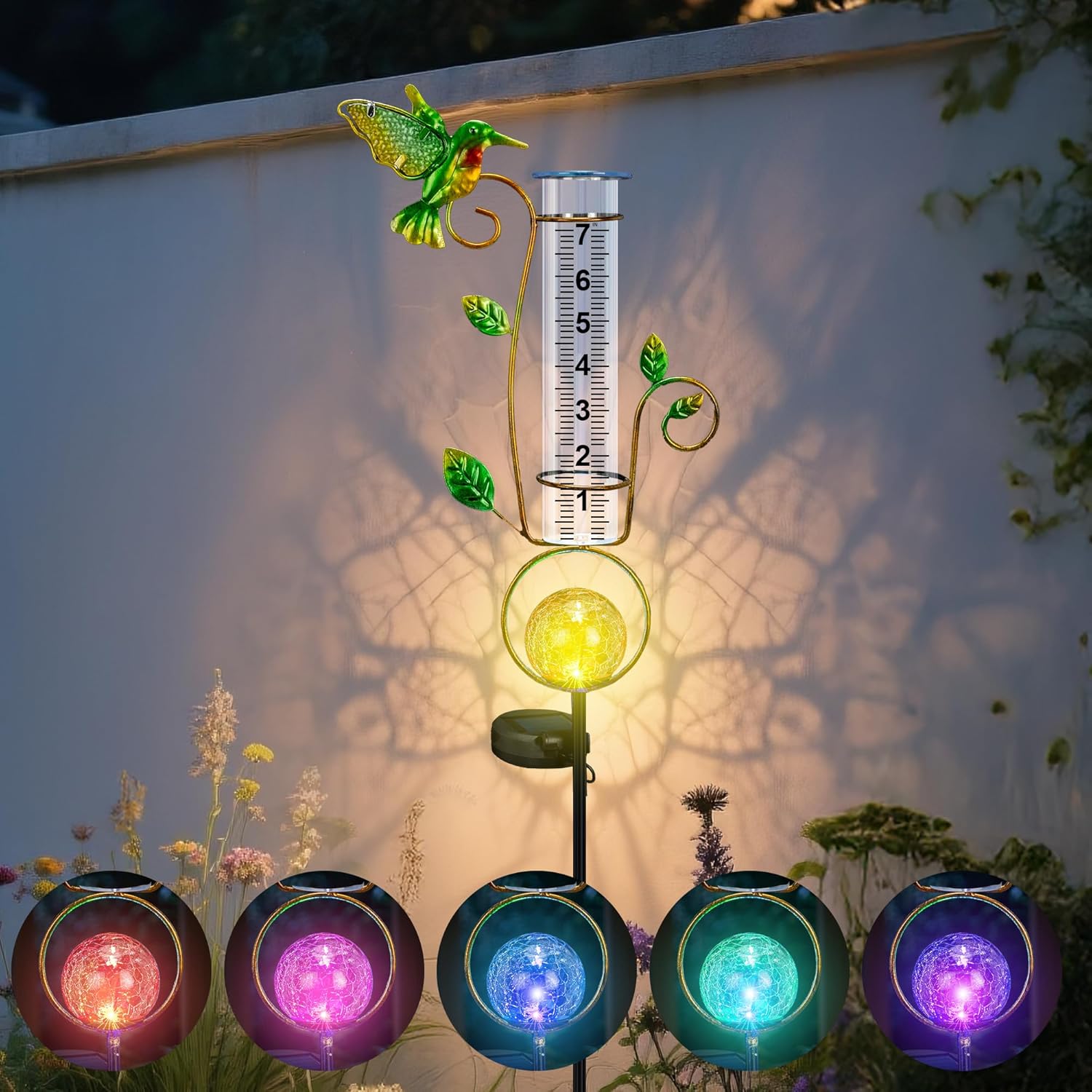 Rain Gauge Outdoor - Solar Rain Gauges Hummingbird Decorative with Color Changing LED Cracked Ball Lights 7" Freeze Proof Tube Rain Gauge Outdoors Best Rated for Yard Lawn Patio Garden Decor