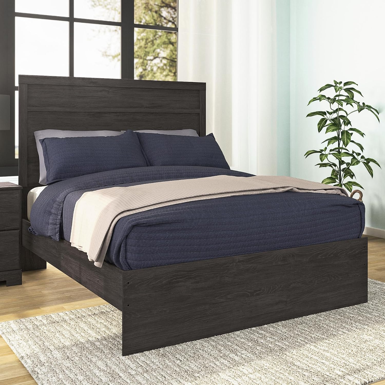 Signature Design by Ashley Kids Full Size Black Bed Frame, Charcoal | Decorative laminate with replicated oak grain, Authentic touch finish for youth bedrooms or guest spaces, Belachime Series