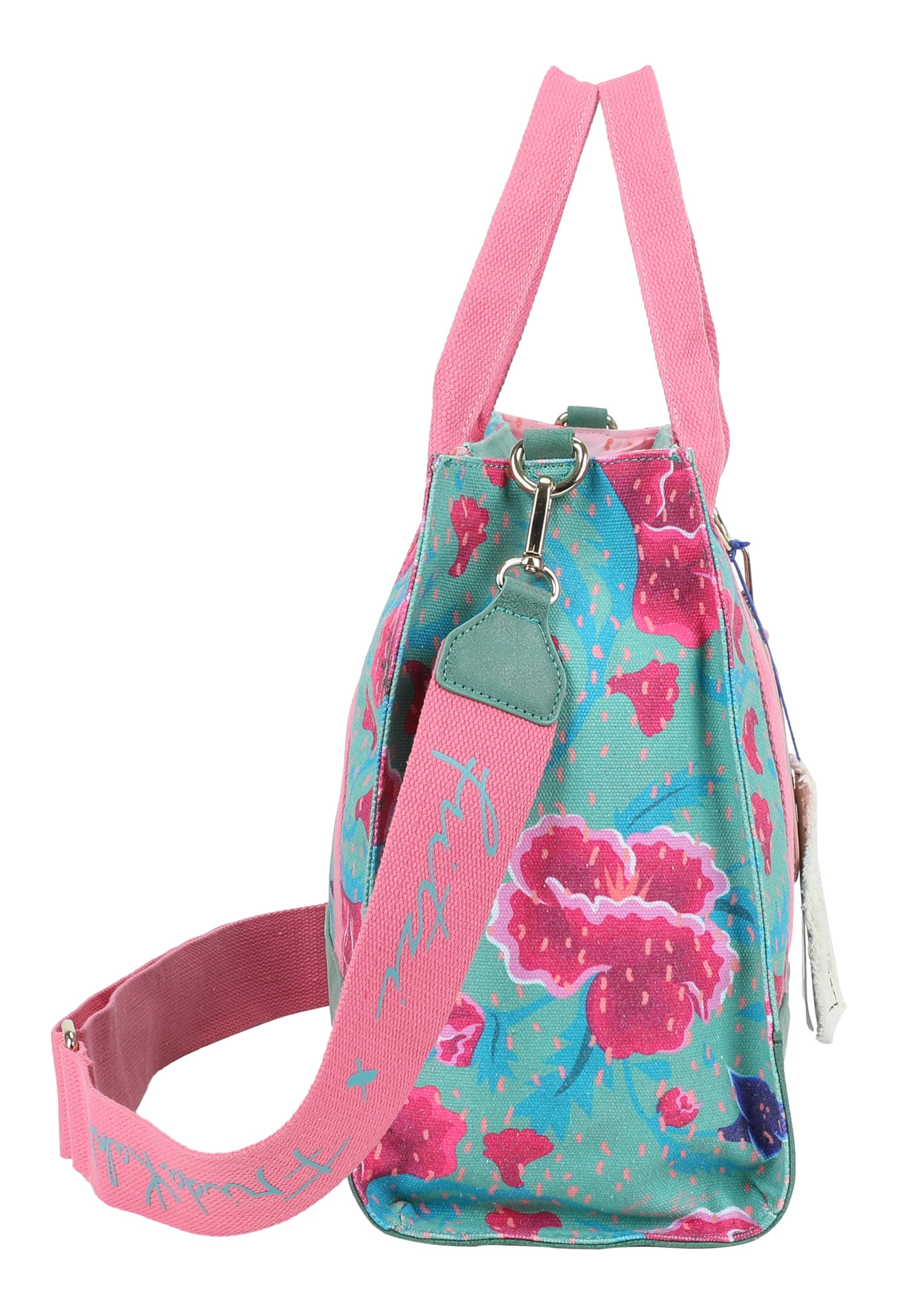 Fritzi x Frida Kahlo Tote Bag Limited Canvas Shopper Damen Schultertasche Handtasche Freizeit Alltag Arbeit Festival Reißverschluss Canvas 29.5 x 40 x 14 cm – Pink, Rosa, Türkis, Beige, Lila, Grün