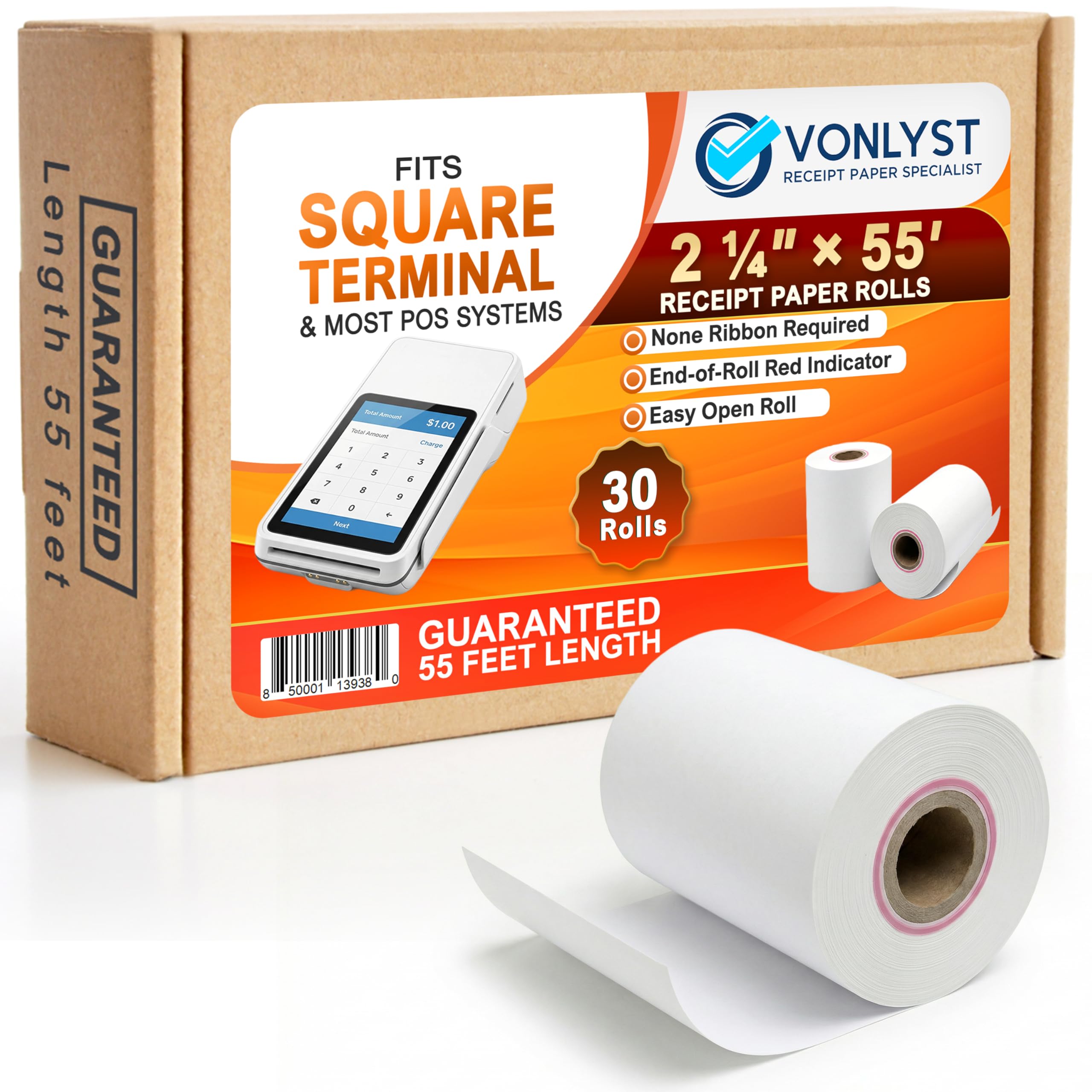 Square Terminal Paper Rolls 2 1/4" x 55' – Vonlyst BPA Free Thermal Receipt Paper for Square Credit Card Machine POS Printer, 30 Pack