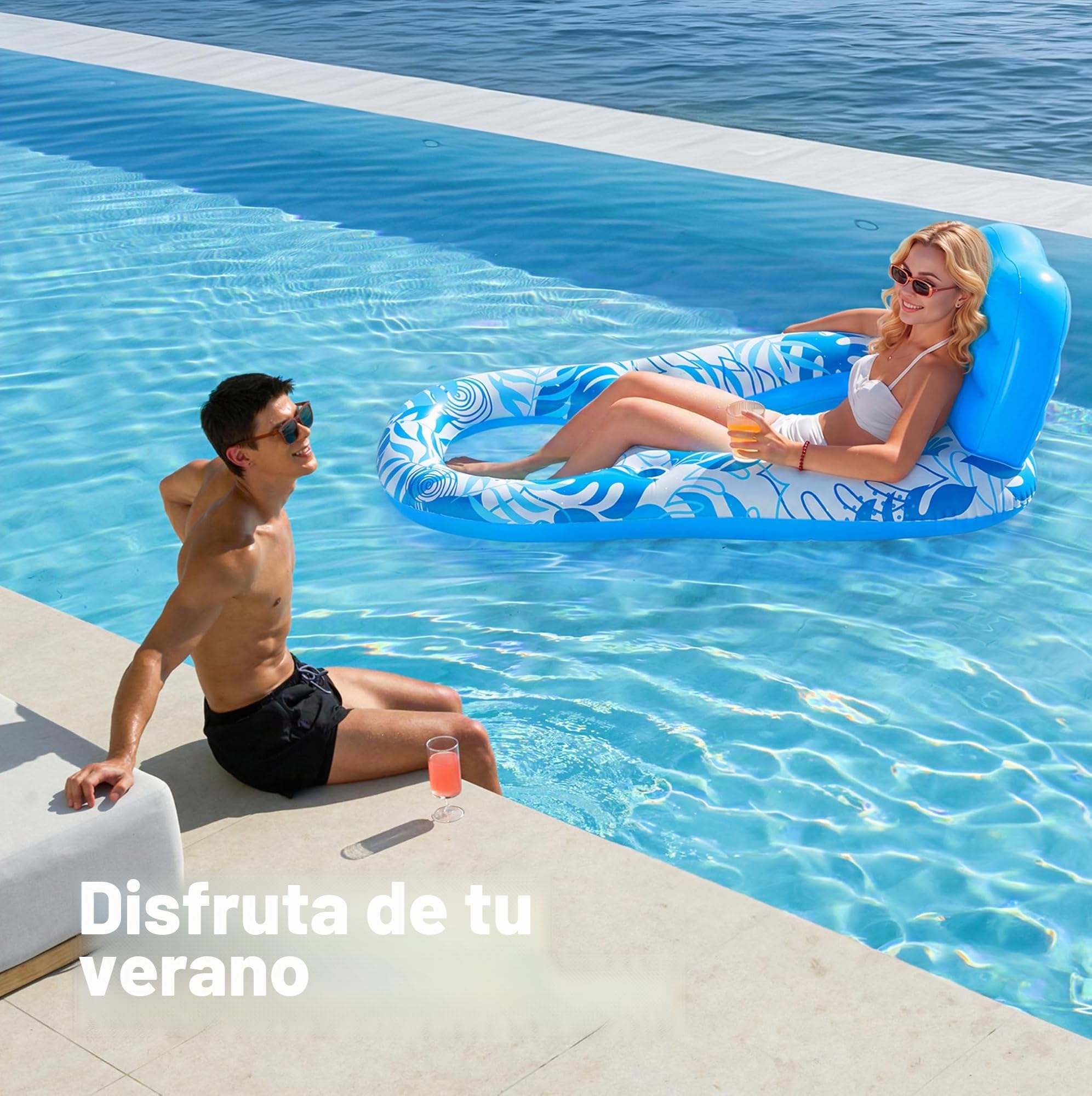 SLOOSH Flotadores Inflables para Piscina, Reclinable para Adultos, Flotador de Piscina con Respaldo Ajustable, Silla Flotante con Portavasos y Reposapiés para Fiesta de Verano en la Piscina