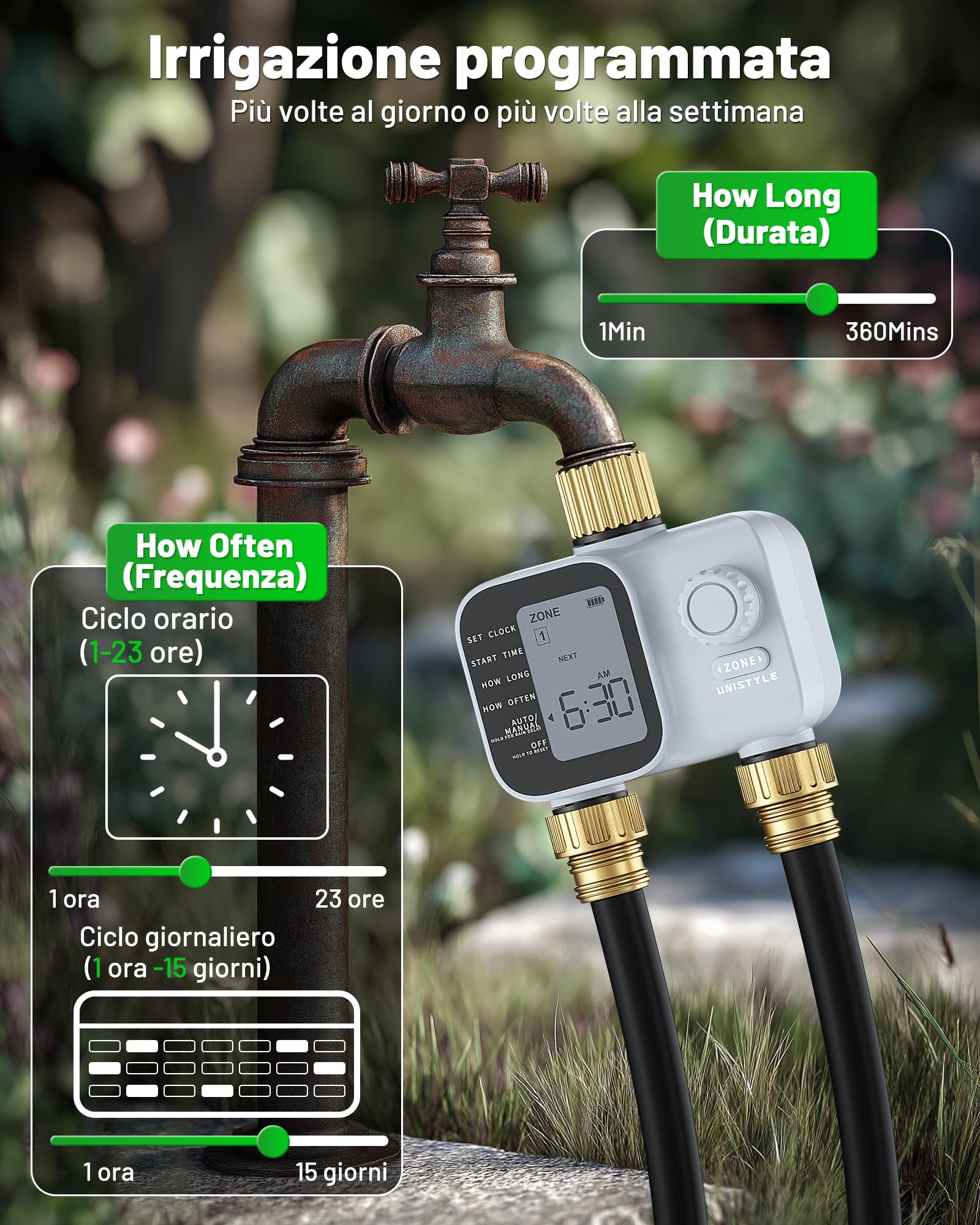 Unistyle Centralina Irrigazione 2 Vie | Nuovo modello 2026 – Timer Irrigazione Automatica del Giardino, Funzionamento Semplice e Intuitivo, Controllo preciso, Programmi di Irrigazione Flessibili
