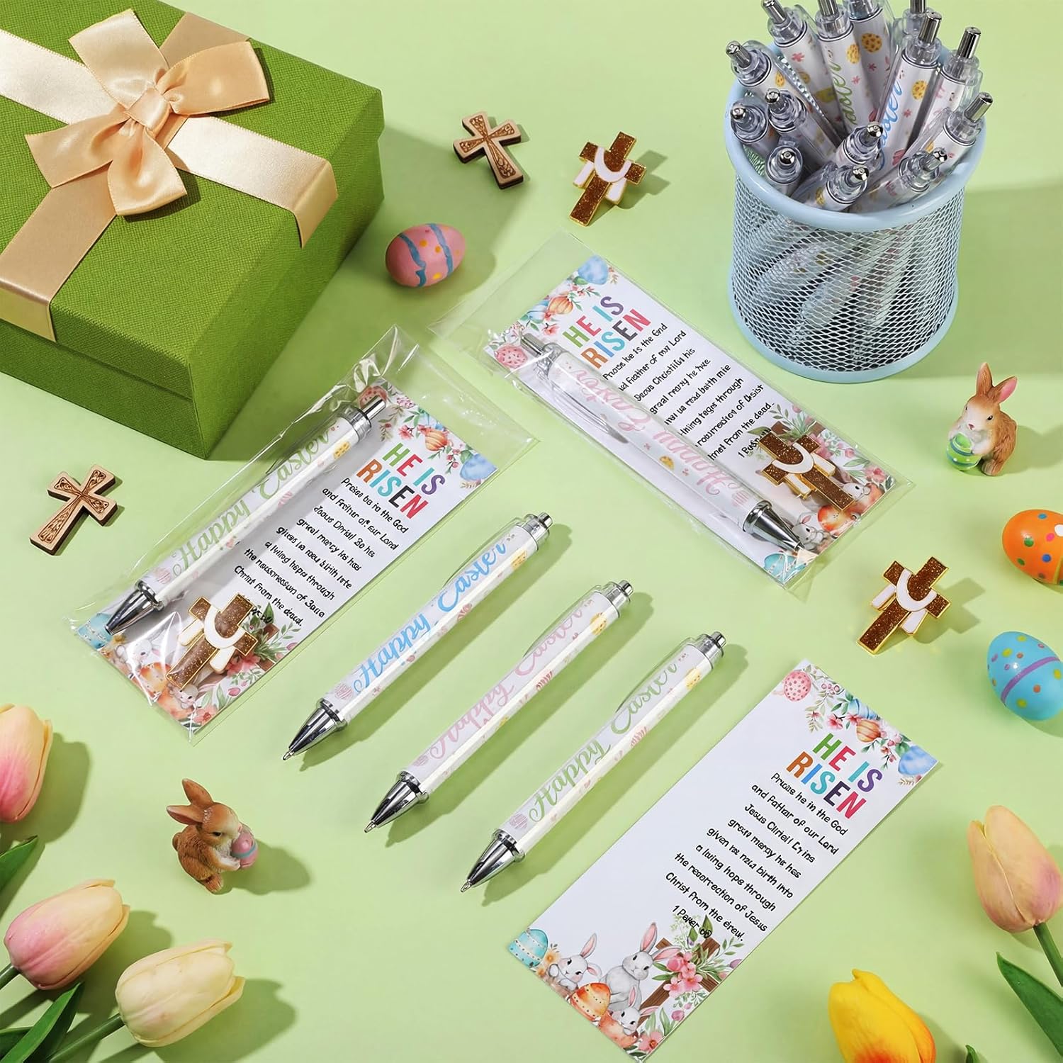 Ceenna 144 Pcs Easter Gifts Bulk Include Happy Ballpoint Pens Gold Cross Pins Christian Blessing Bookmarks, Easter Party Favors for Office Coworkers Friends