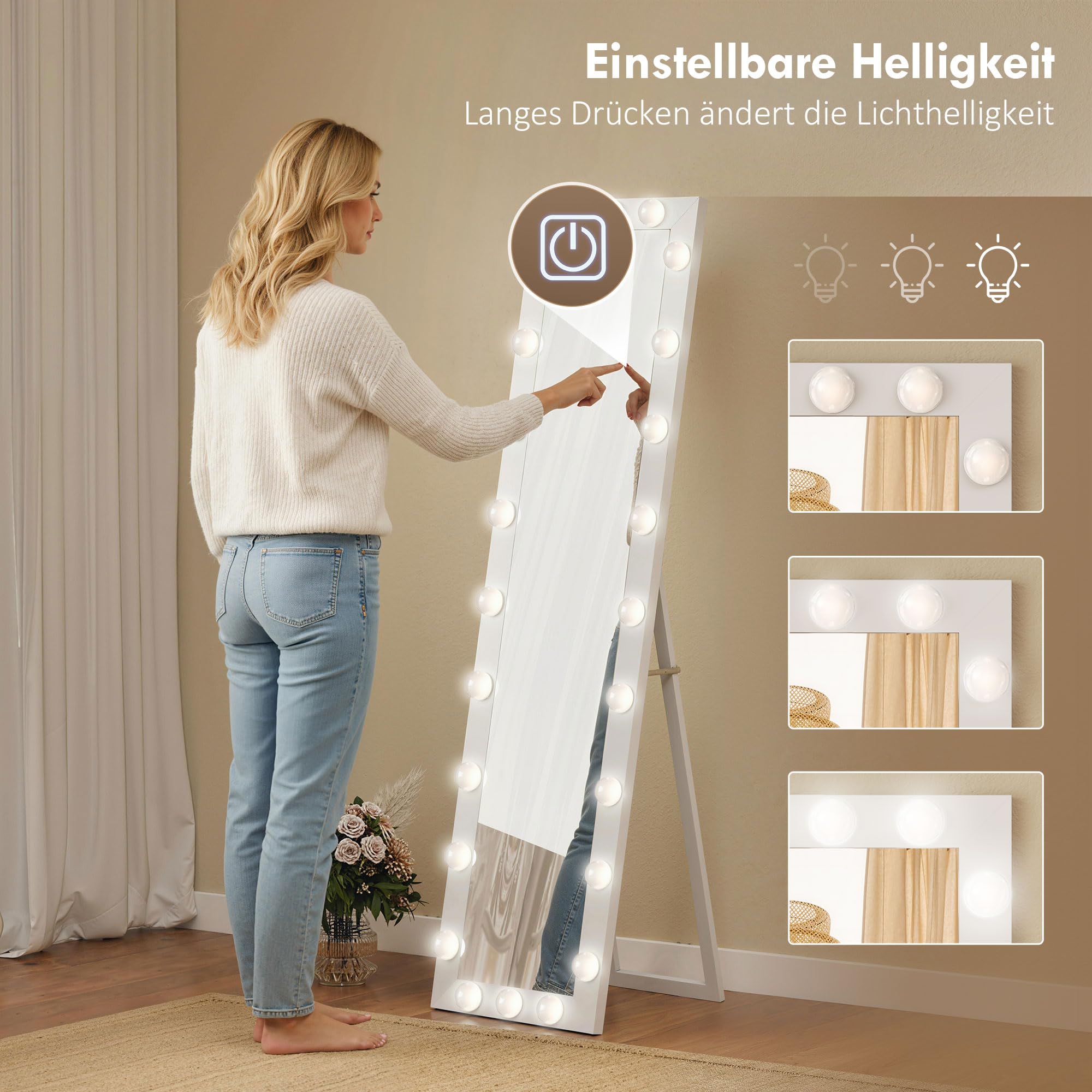 HOMCOM Specchio a figura intera 150 x 40 cm Specchio a LED con 24 lampadine 3 colori di luce dimmerabili Specchio da parete con interruttore a sfioramento, funzione memoria specchio reclinabile per