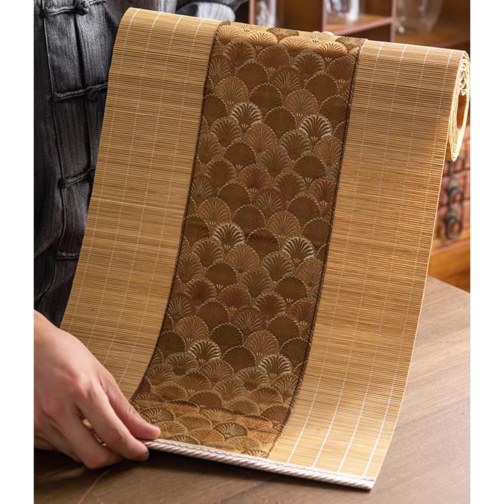 Natural Bamboo Embroider Table Runner For Wooden Tea Table Mat,Heat Resistant Dining Table Runners For Home Kitchen，Japanese Style(Size:30×150cm)